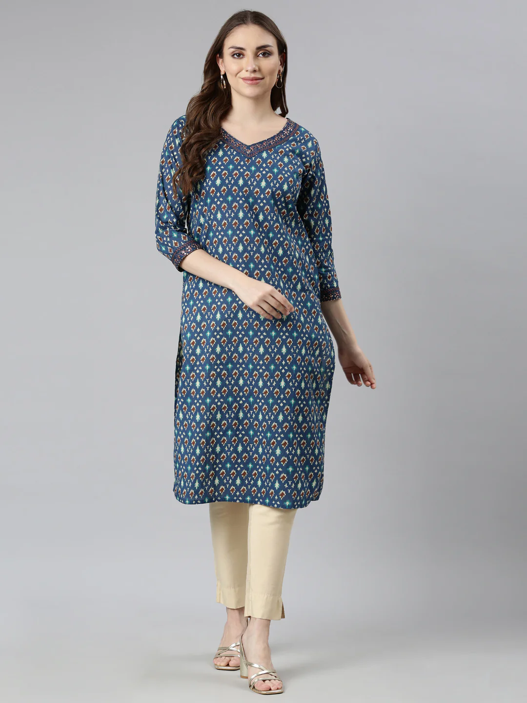 Neerus Blue Regular Straight Woven Design Kurta - Image 4