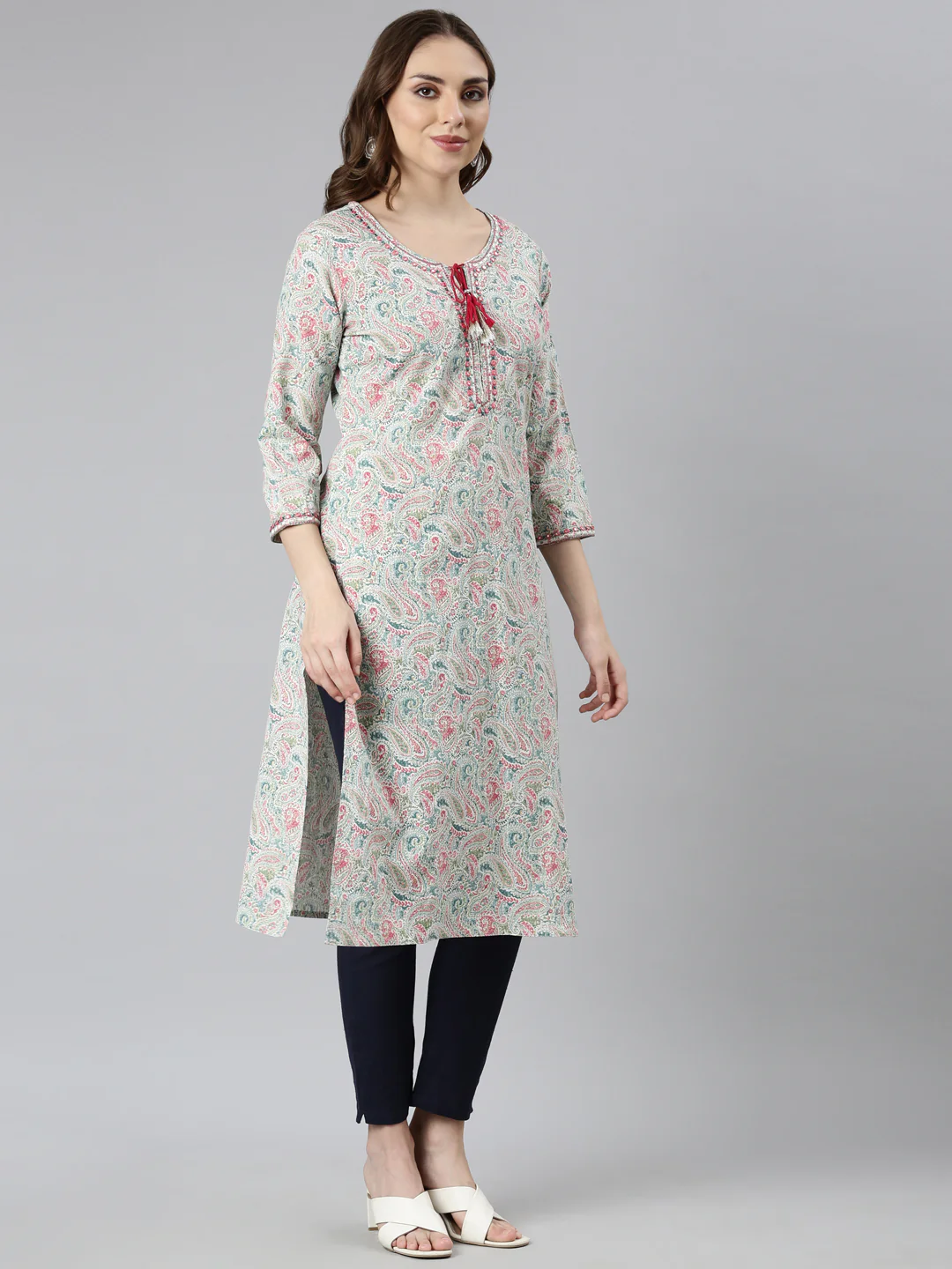 Neerus Blue Regular Straight Woven Design Kurta - Image 2