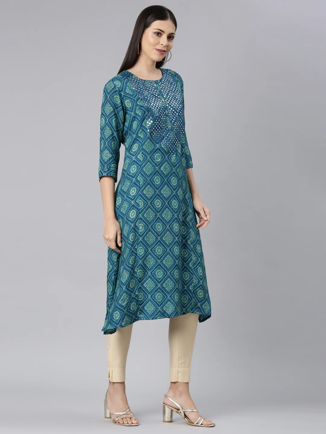 Neerus Blue Straight Casual Bandhani Straight Kurta - Image 3
