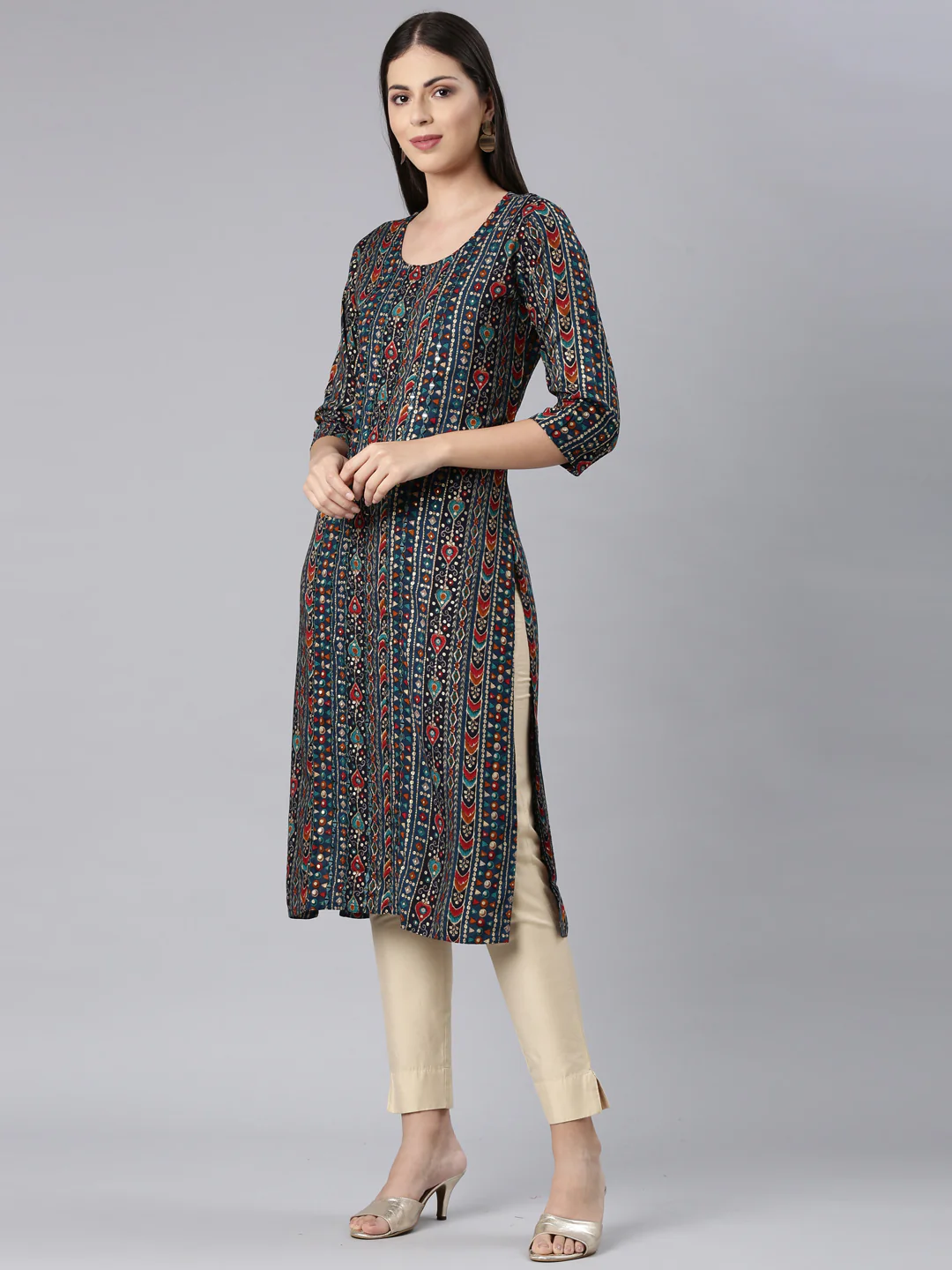 Neerus Blue Straight Casual Embellished Straight Kurta - Image 2
