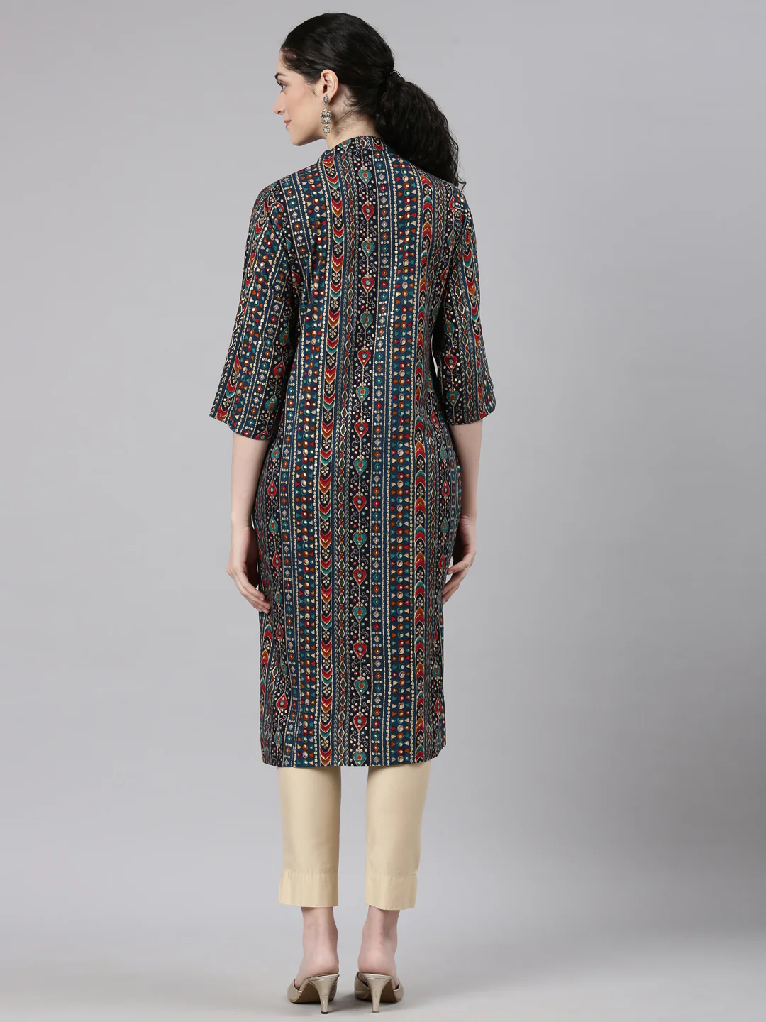 Neerus Blue Straight Casual Ethnic Motifs Kurta - Image 4