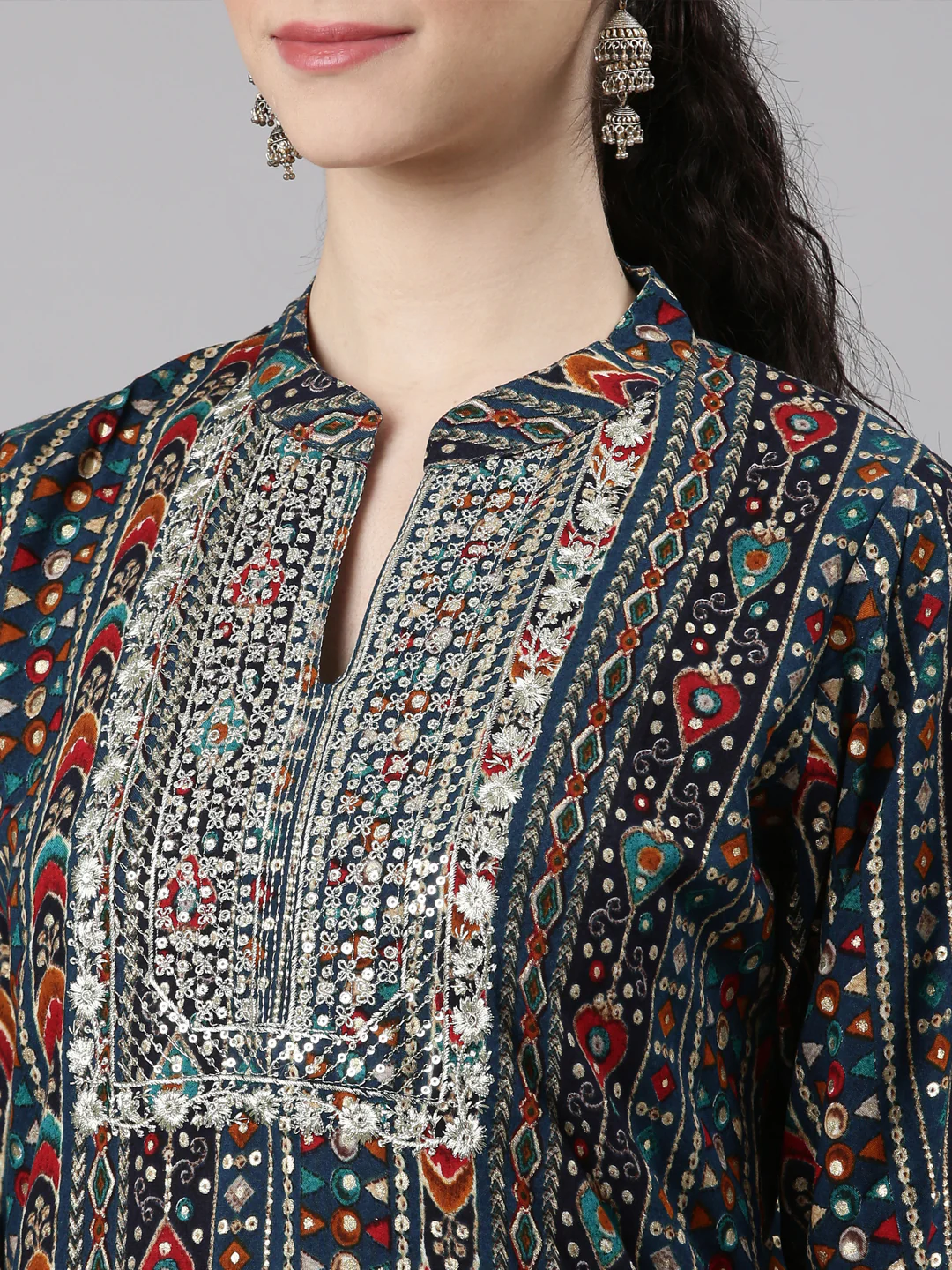 Neerus Blue Straight Casual Ethnic Motifs Kurta - Image 5