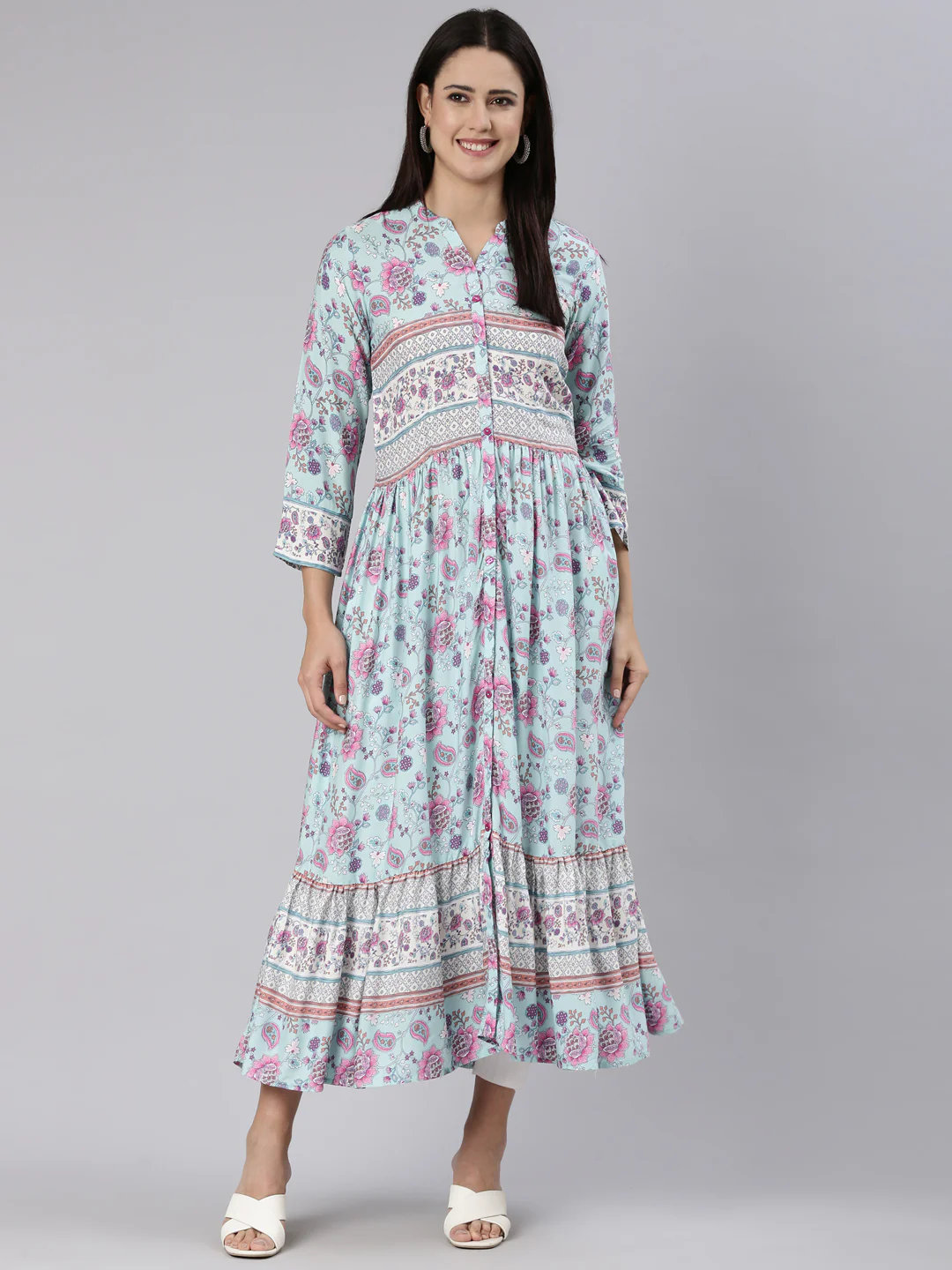 Neerus Blue Straight Casual Floral Dress