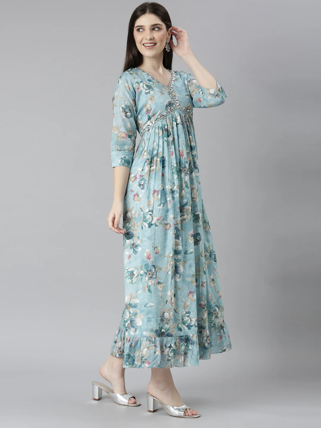 Neerus Blue Straight Casual Floral Dresses - Image 5