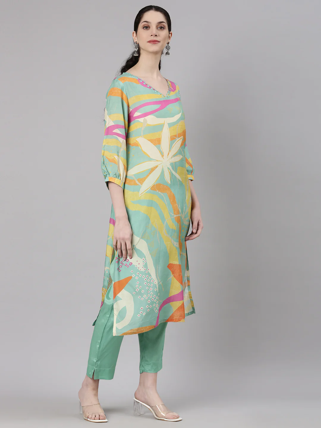 Neerus Blue Straight Casual Floral Kurta and Trouser - Image 3