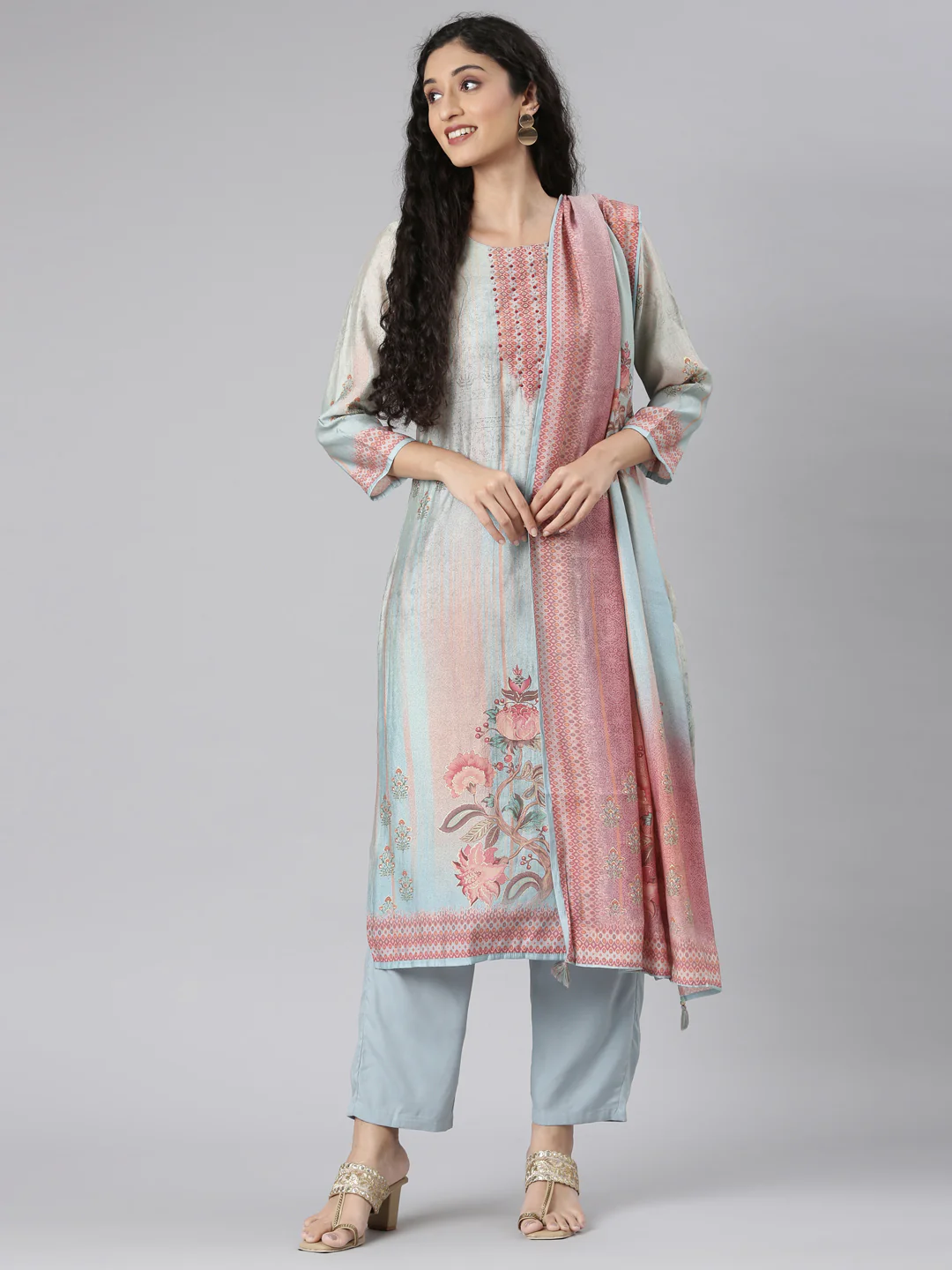 Neerus Blue Straight Casual Floral Kurta and Trouser with Dupatta - Image 6