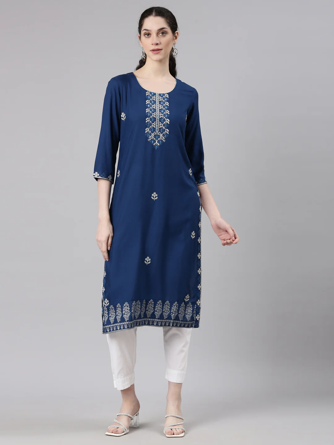 Neerus Blue Straight Casual Floral Kurta