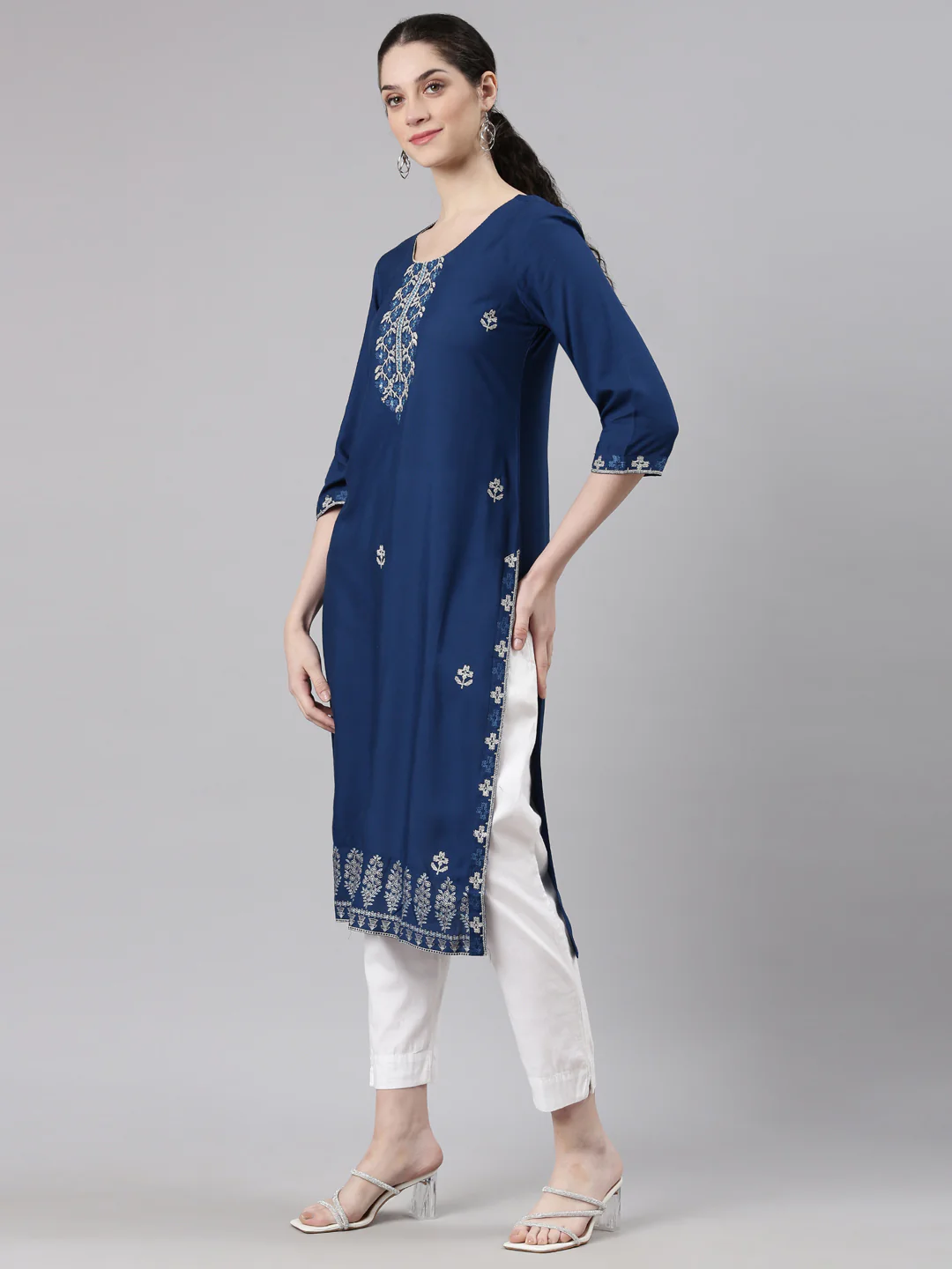 Neerus Blue Straight Casual Floral Kurta - Image 2