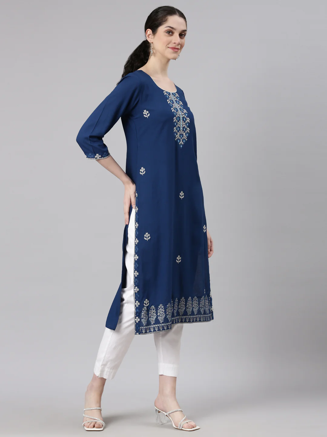Neerus Blue Straight Casual Floral Kurta - Image 3