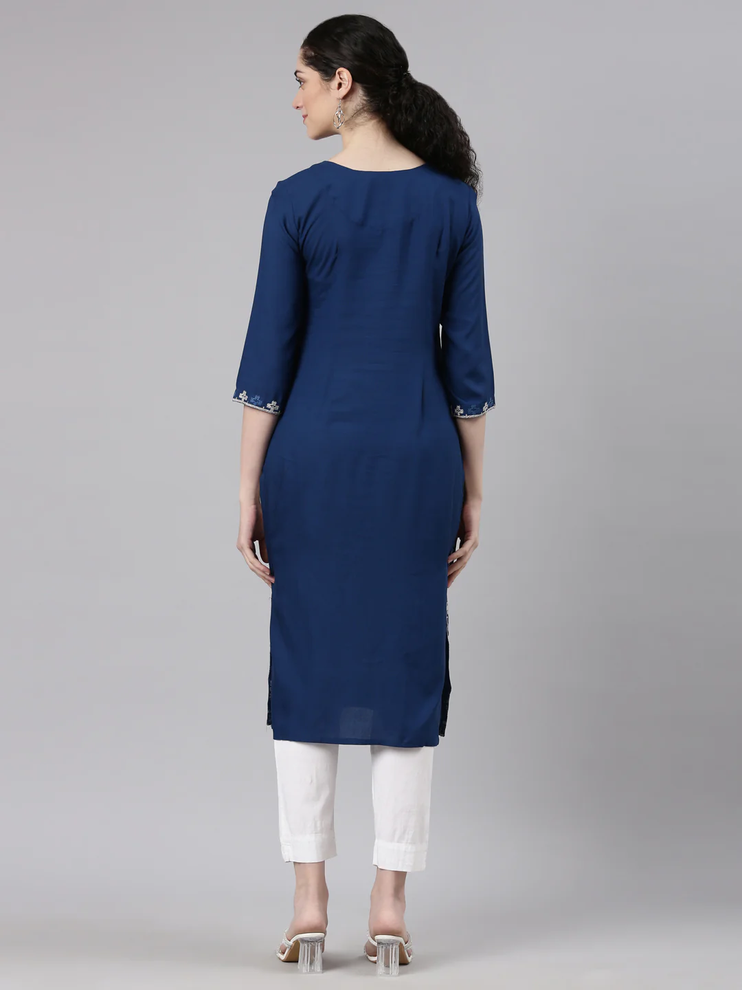 Neerus Blue Straight Casual Floral Kurta - Image 4