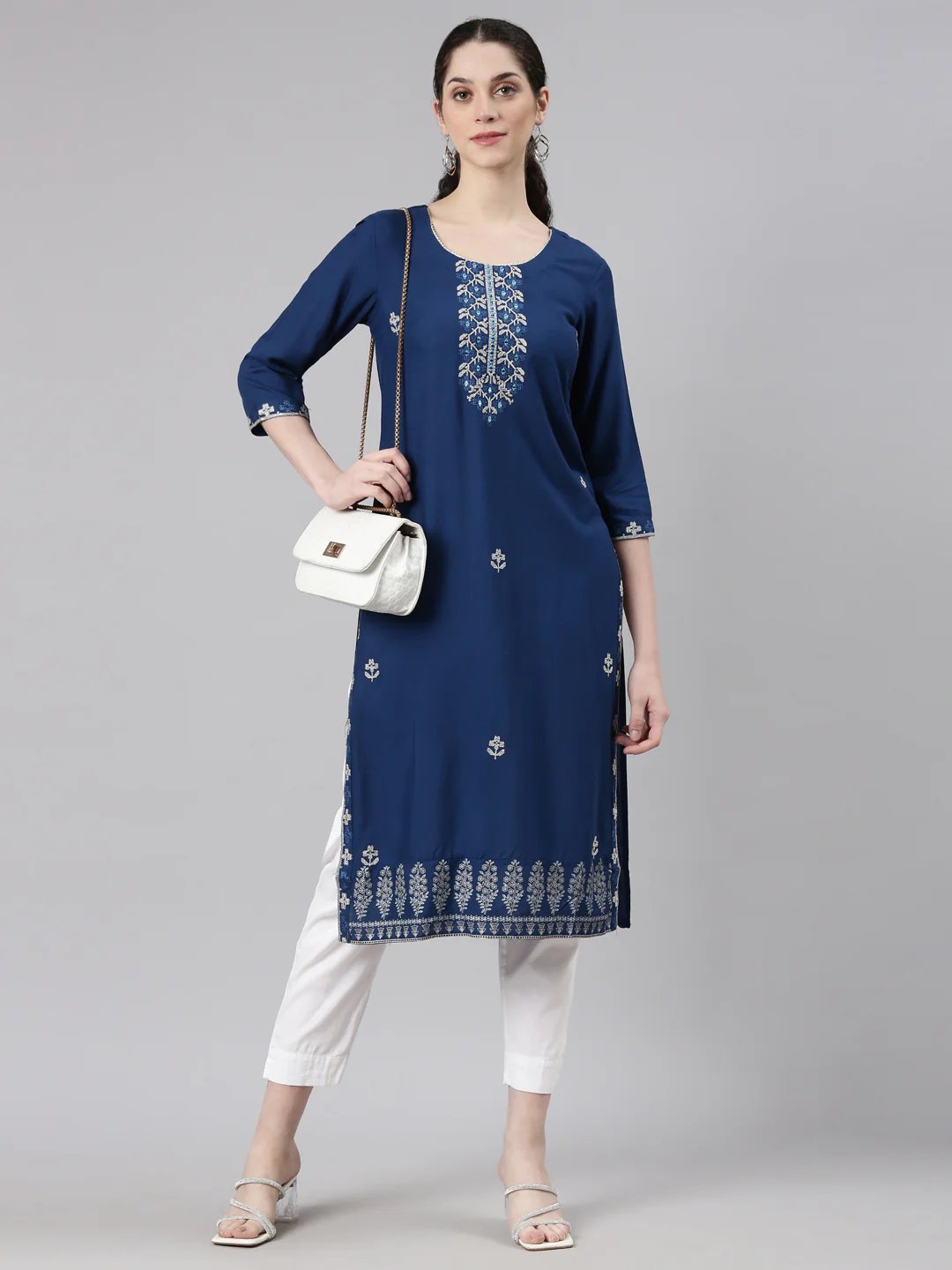 Neerus Blue Straight Casual Floral Kurta - Image 6