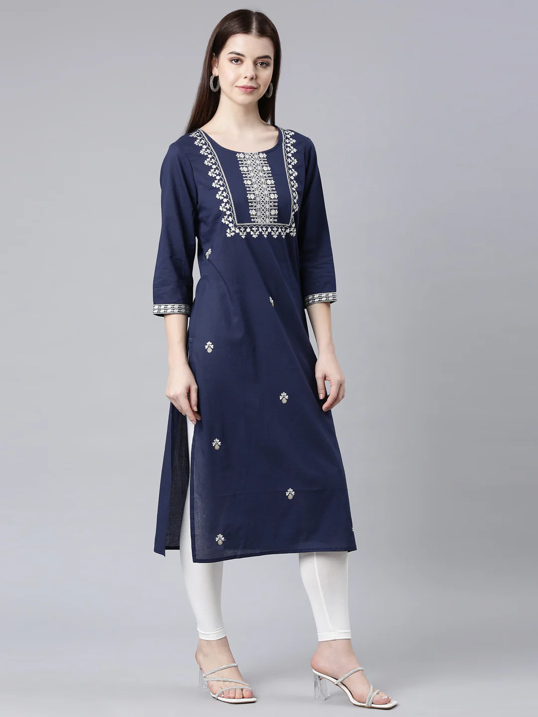 Neerus Blue Straight Casual Floral Straight Kurta - Image 3