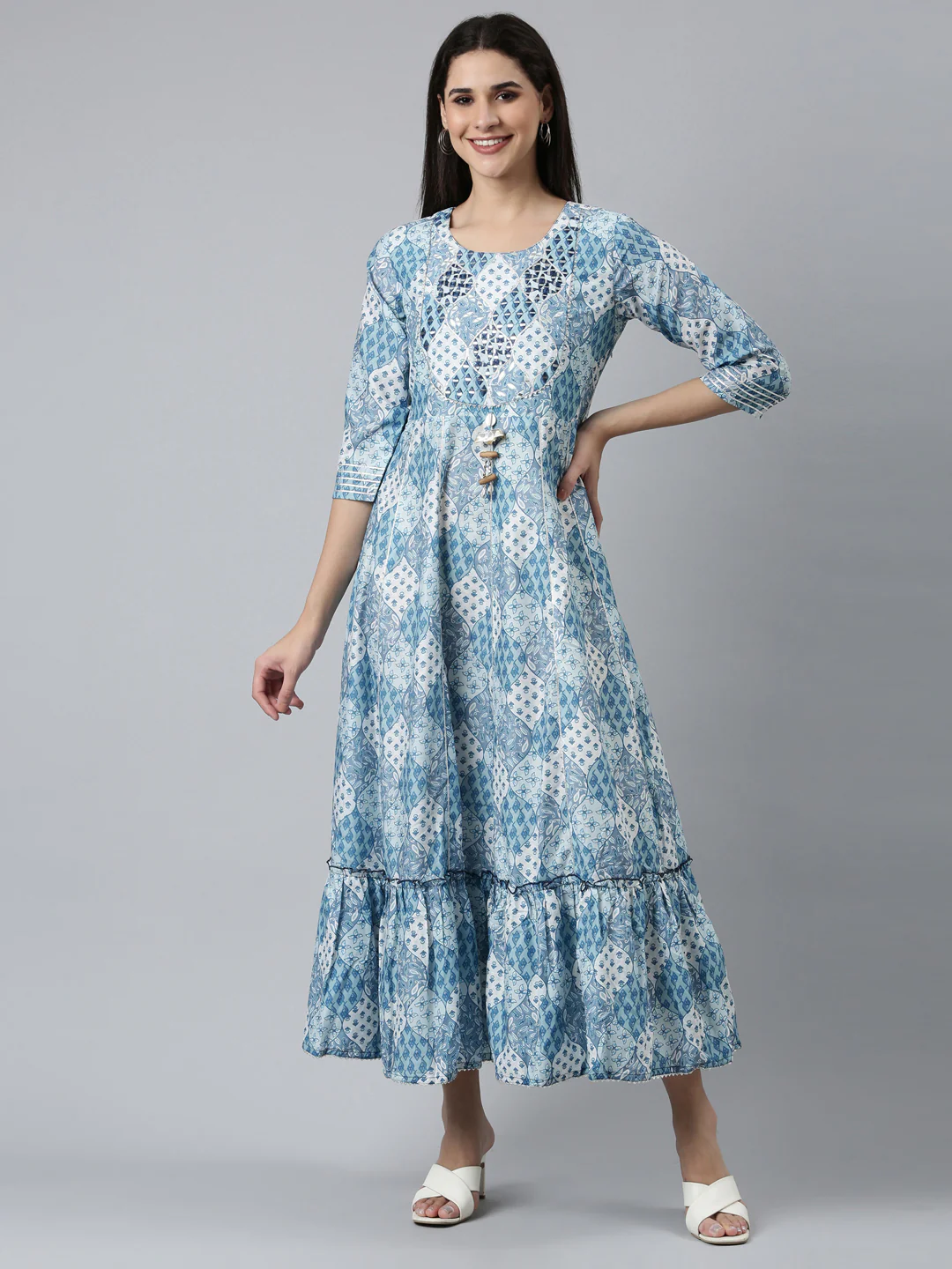 Neerus Blue Straight Casual Printed Dress