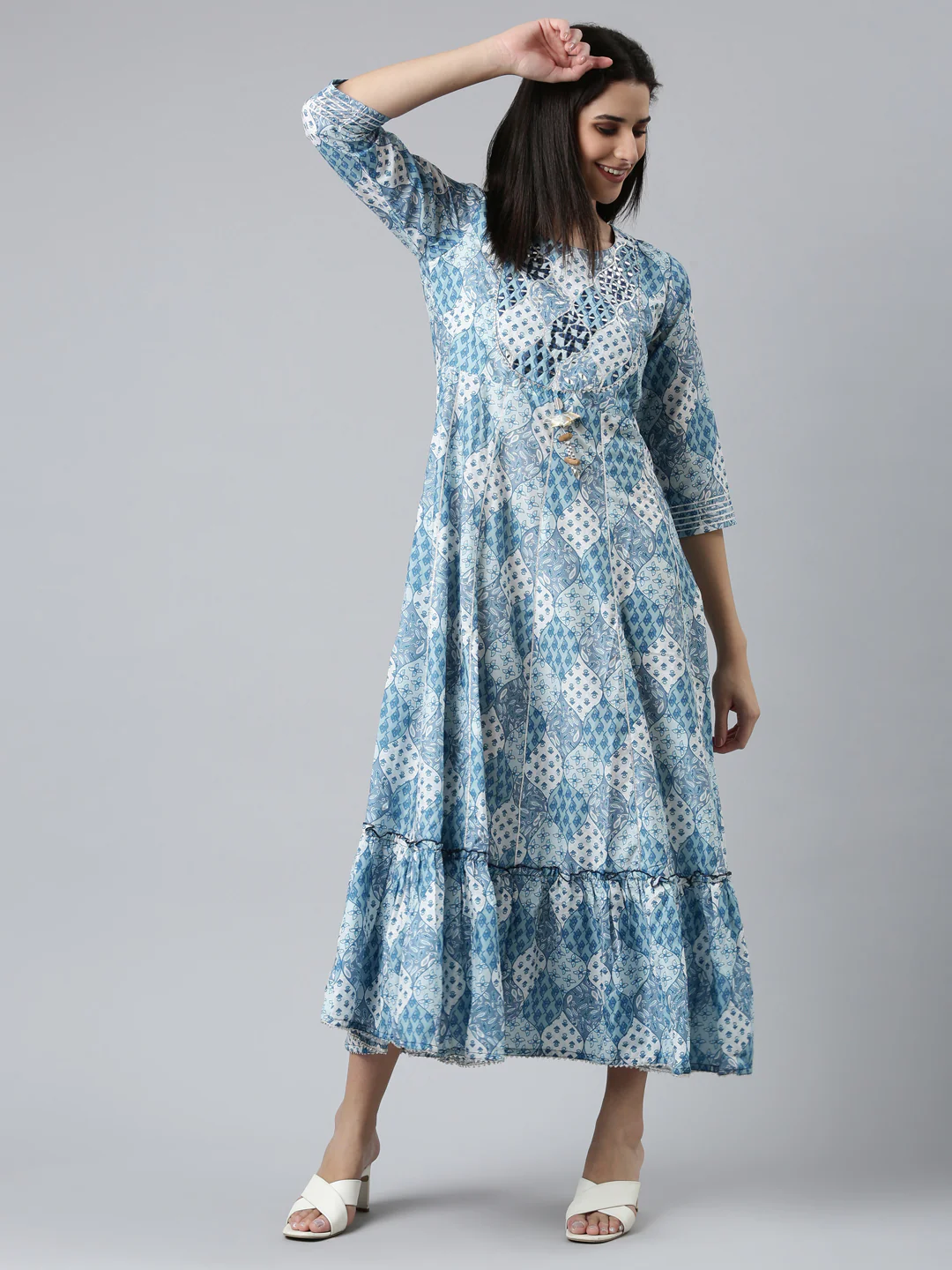 Neerus Blue Straight Casual Printed Dress - Image 5