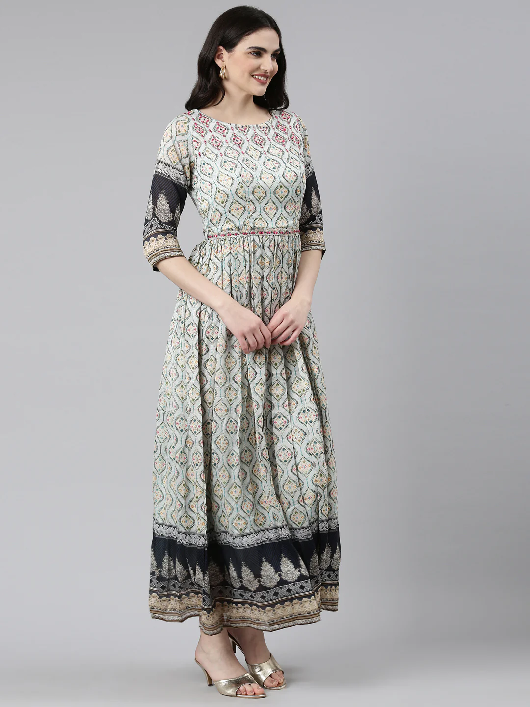 Neerus Blue Straight Casual Printed Dress - Image 2