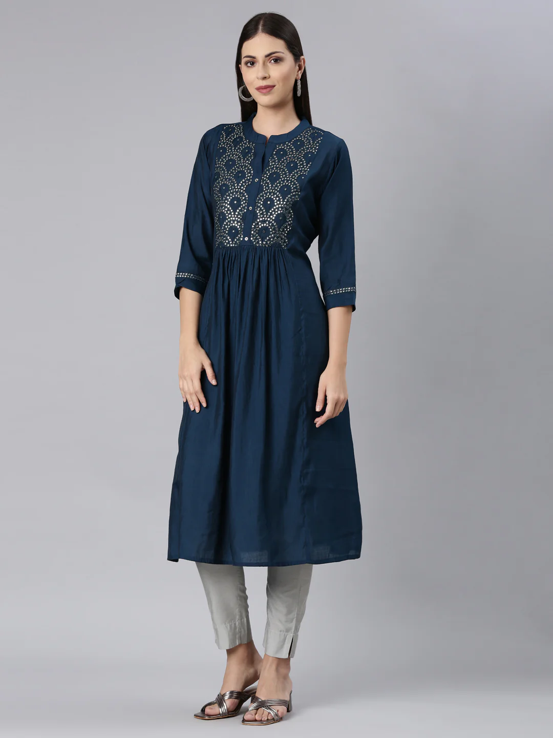 Neerus Blue Straight Casual Solid Anarkali Kurta - Image 2