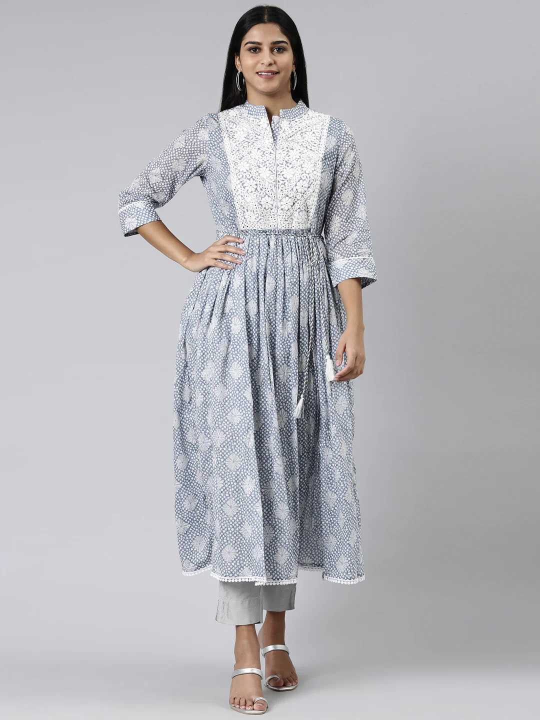 Neerus Blue Straight Printed Cotton Kurta