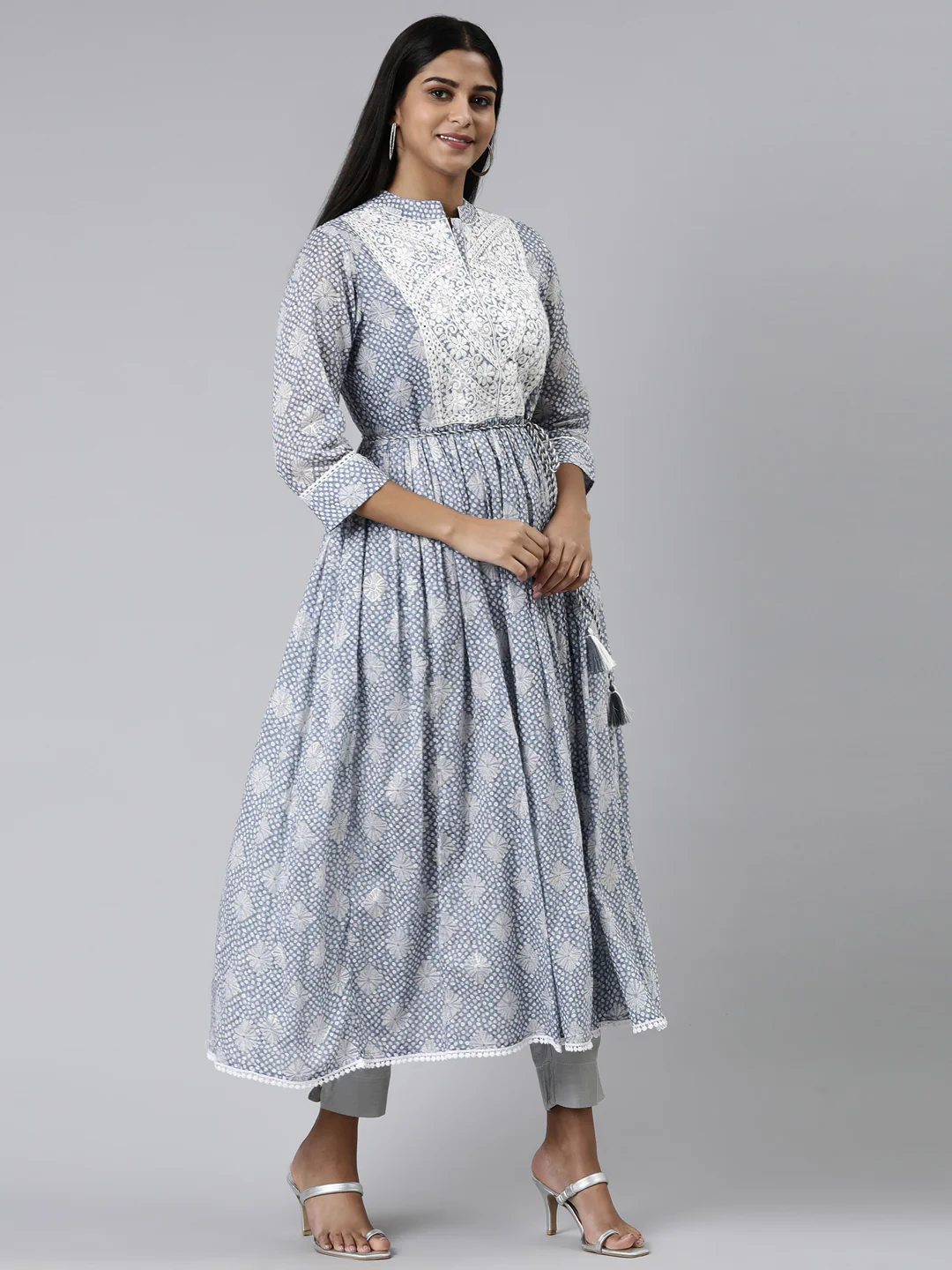 Neerus Blue Straight Printed Cotton Kurta - Image 2