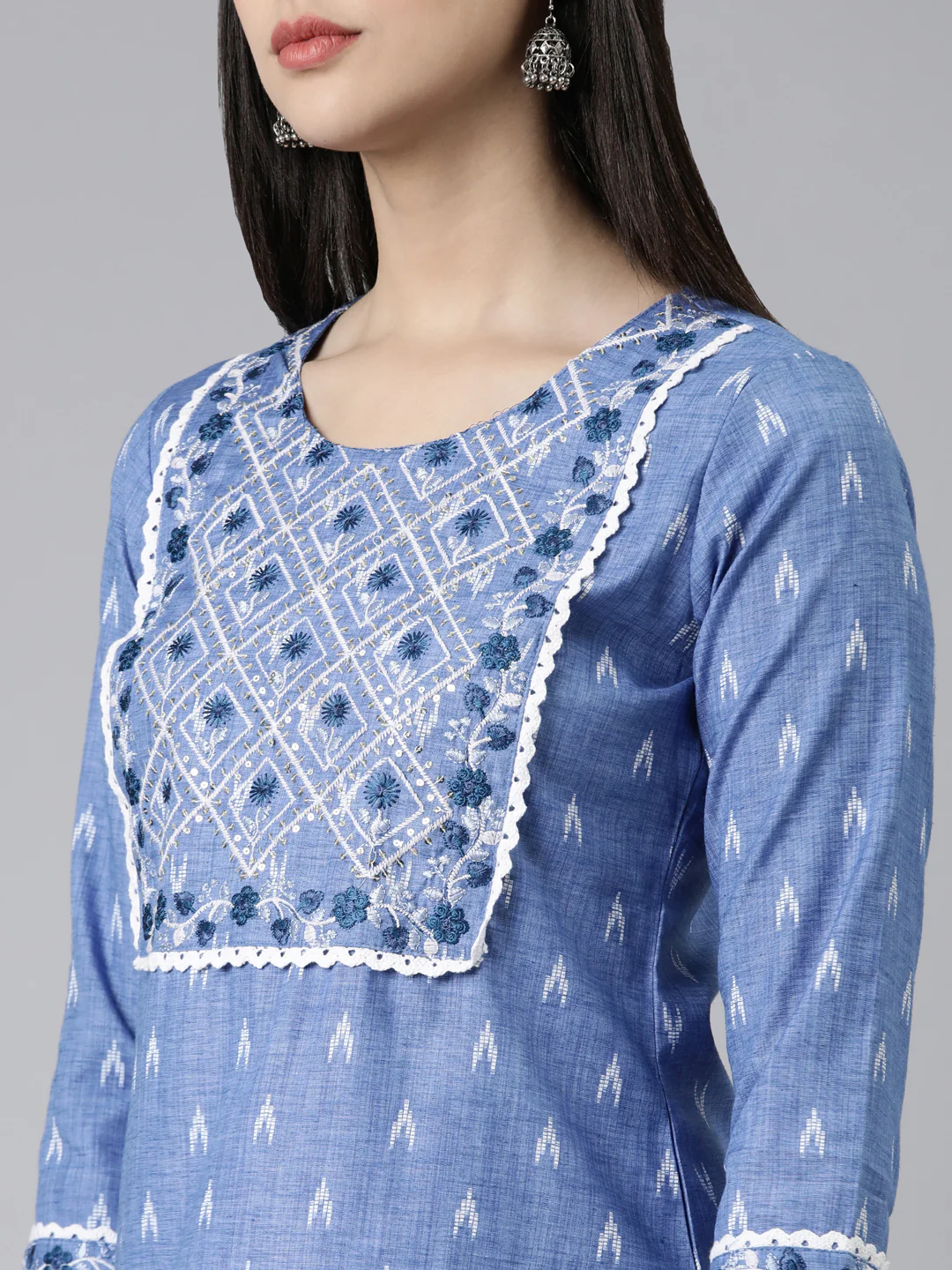 Neerus Blue Straight Printed Cotton Kurta - Image 4