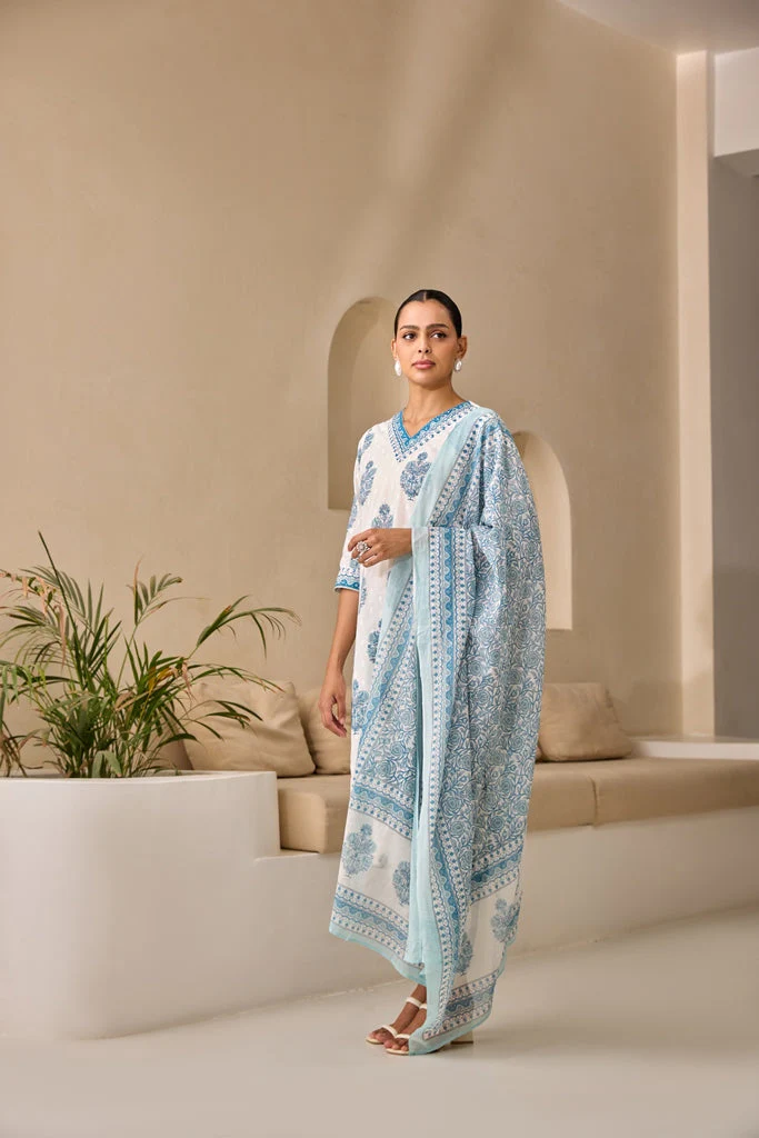 Neerus Blue Straight Printed Kurta And Trousers With Dupatta - Image 2