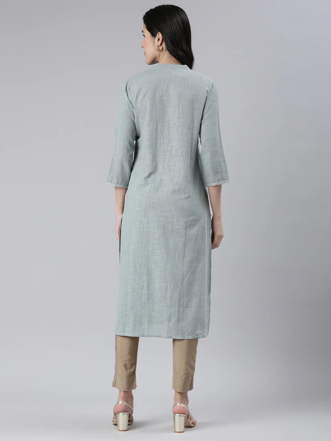 Neerus Blue Straight Solid Cotton Kurta - Image 3