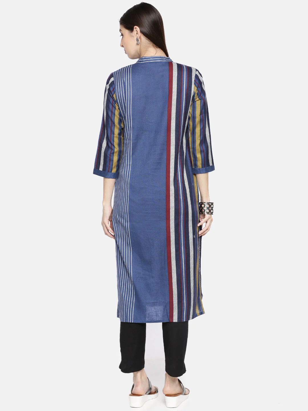Neerus Blue Striped Straight Kurta - Image 4