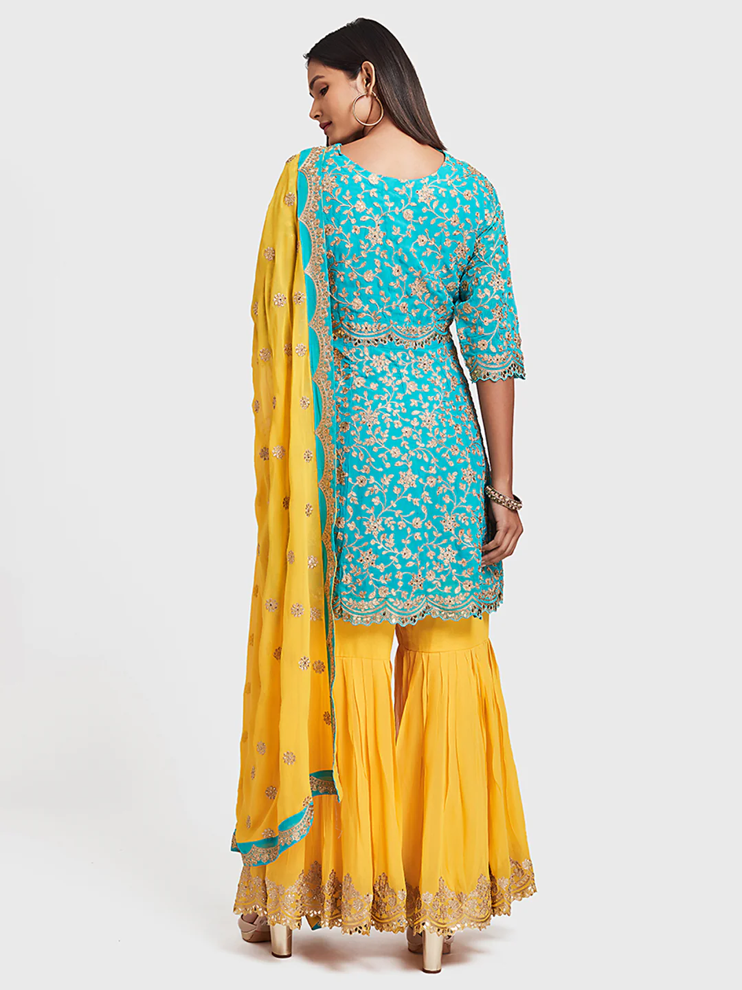 Neerus Blue & Yellow Zari Kurta With Palazzo & Dupatta - Image 2