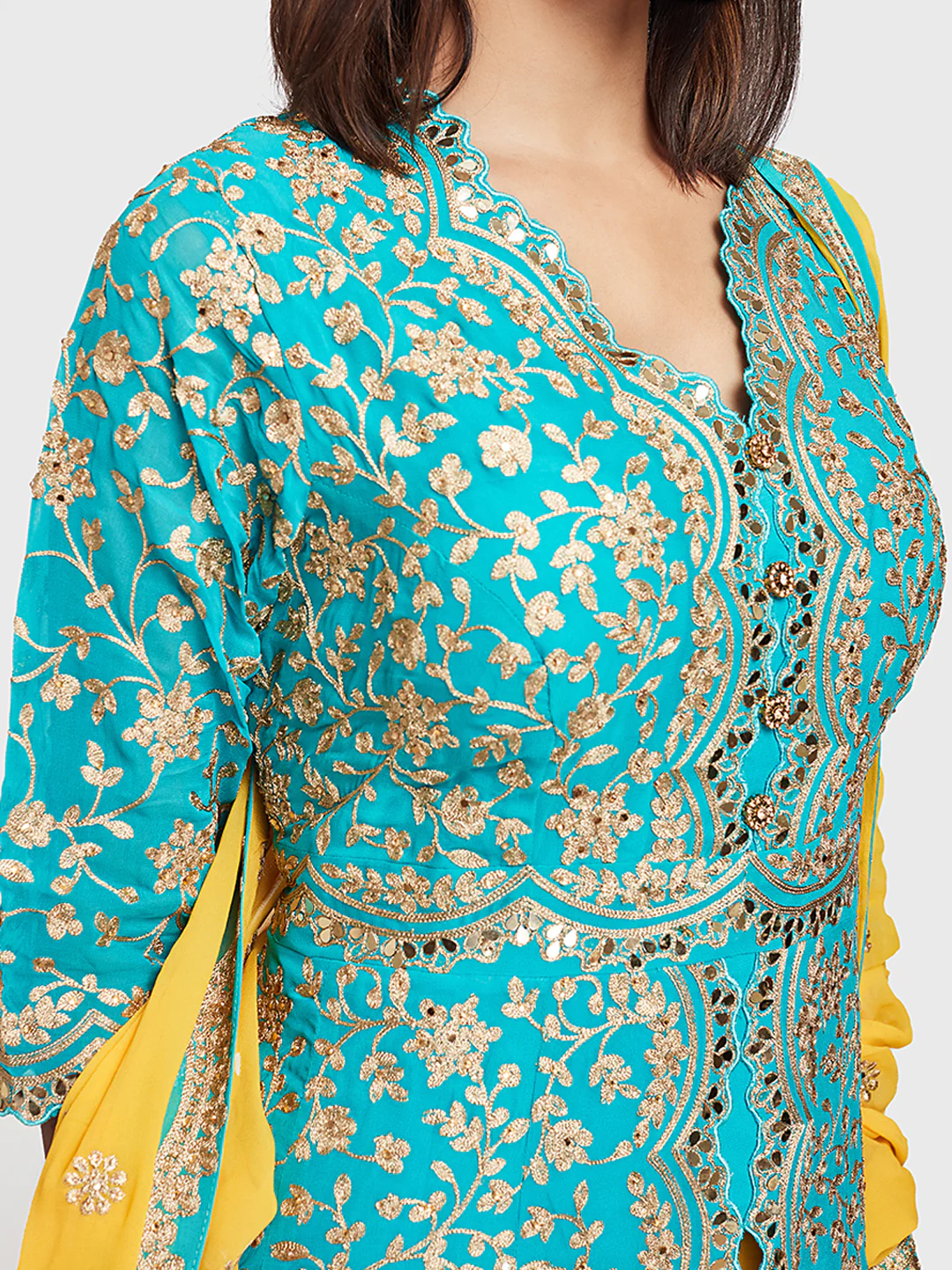 Neerus Blue & Yellow Zari Kurta With Palazzo & Dupatta - Image 3