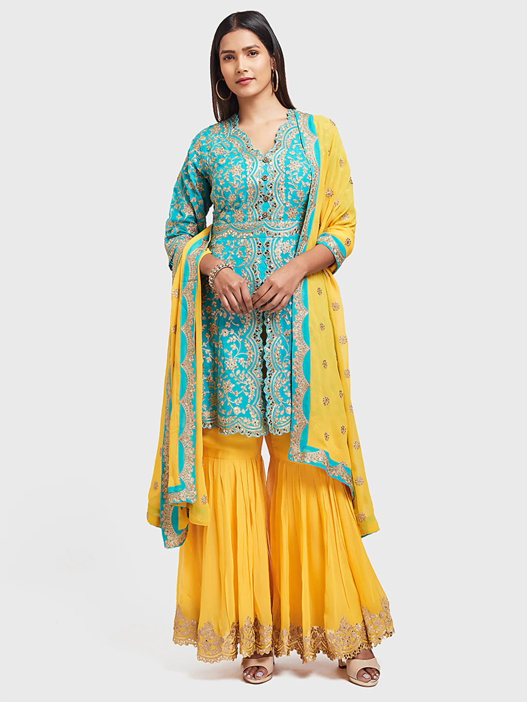 Neerus Blue & Yellow Zari Kurta With Palazzo & Dupatta - Image 6