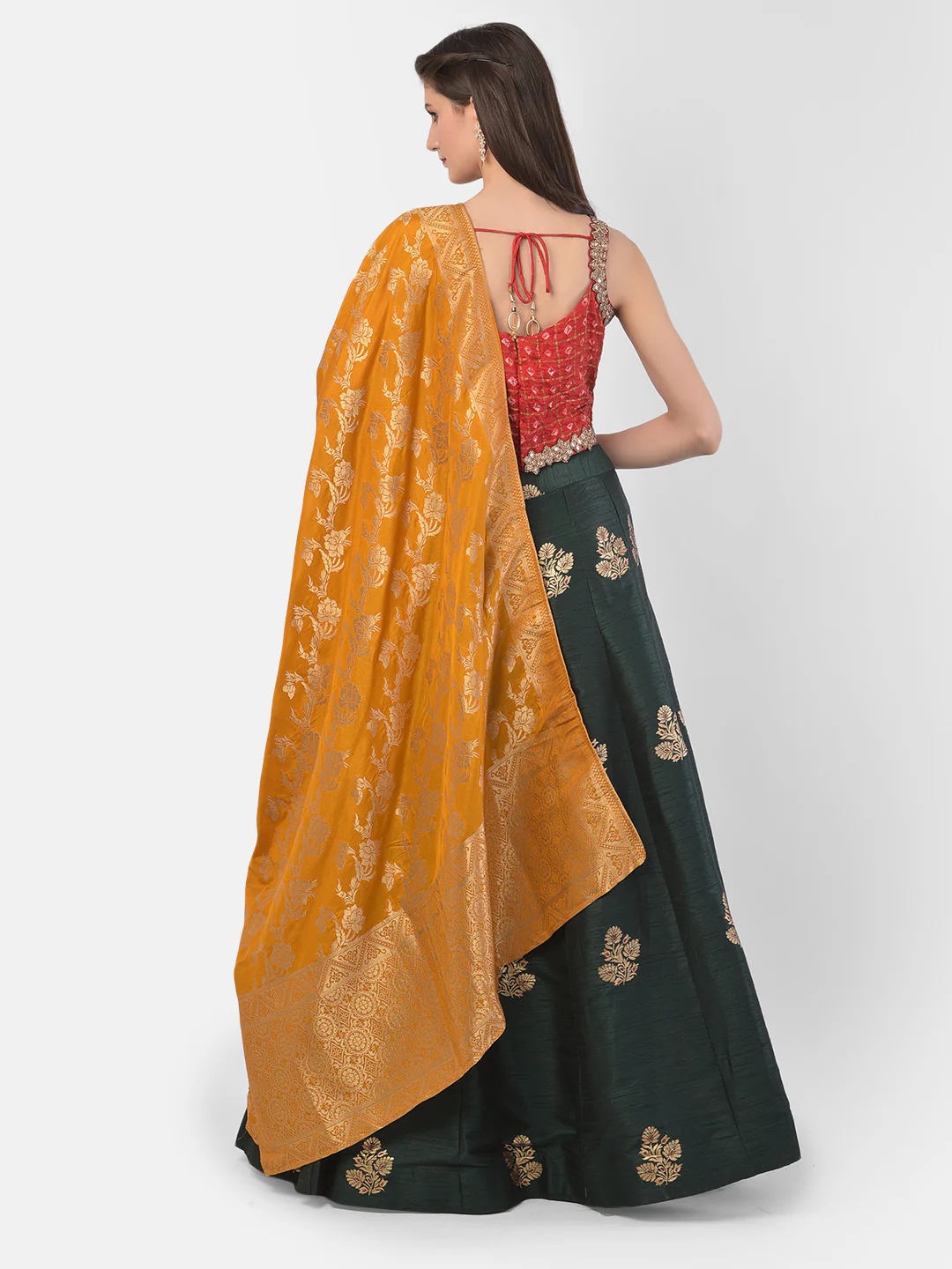 Neerus Bottle Green Color Banaras Fabric Ghagra Set - Image 3