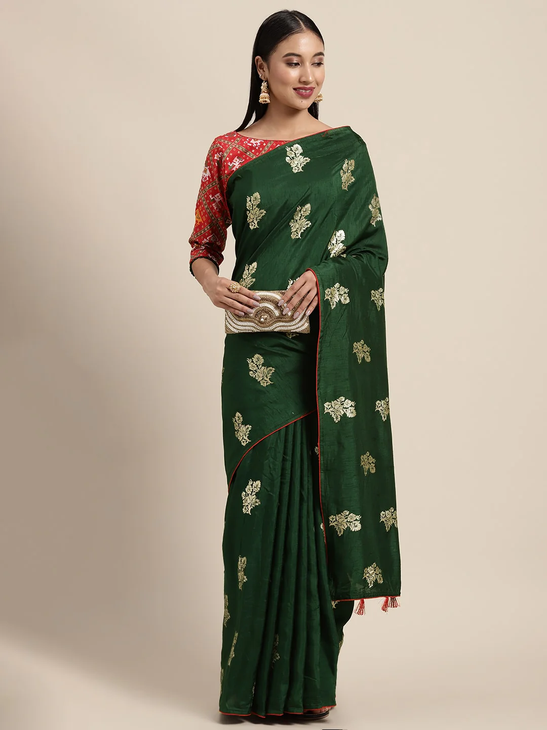 Neerus Bottle Green Color Banaras Fabric Saree