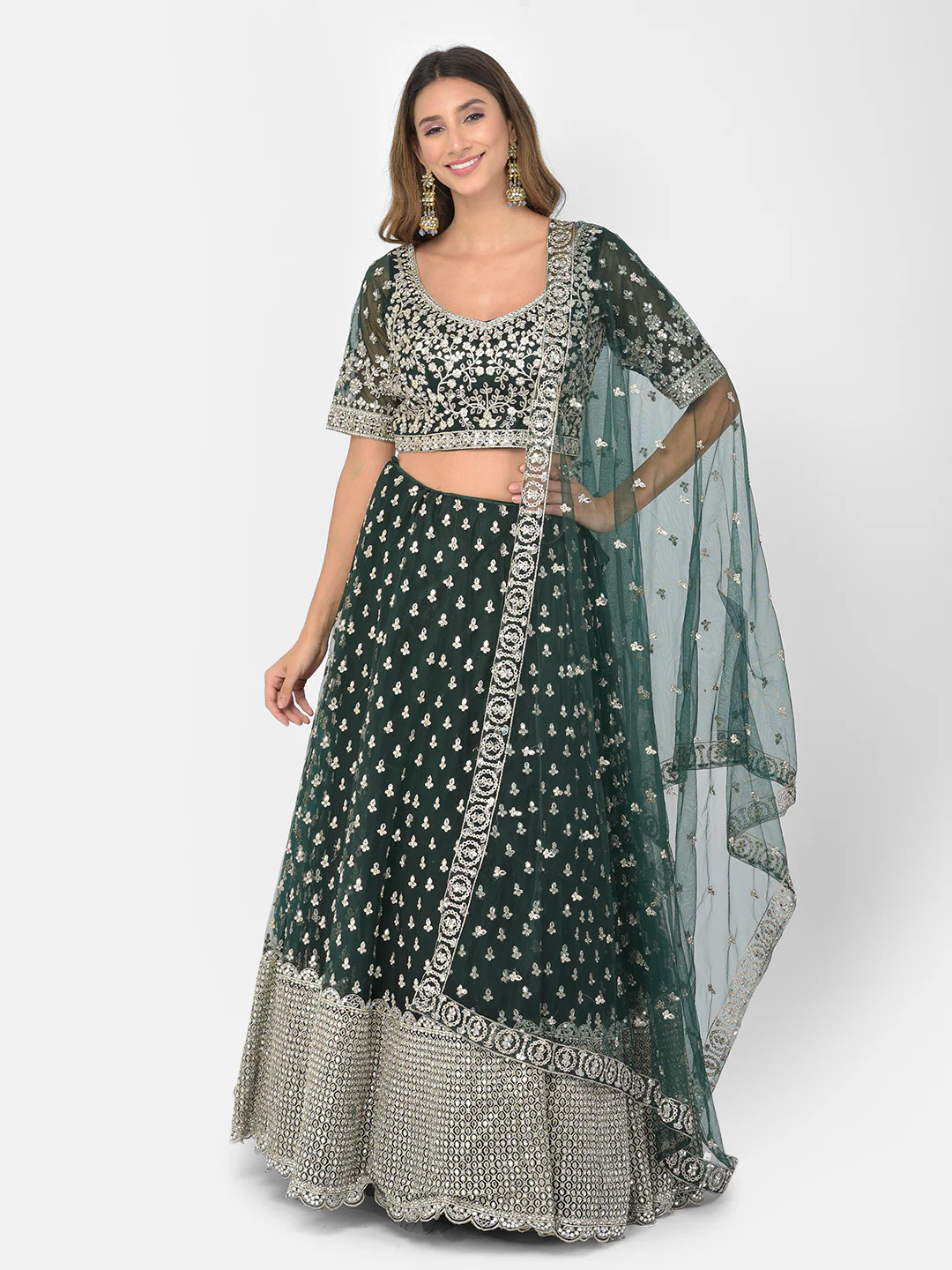 Neerus Bottle Green Color Nett Fabric Lehenga Choli