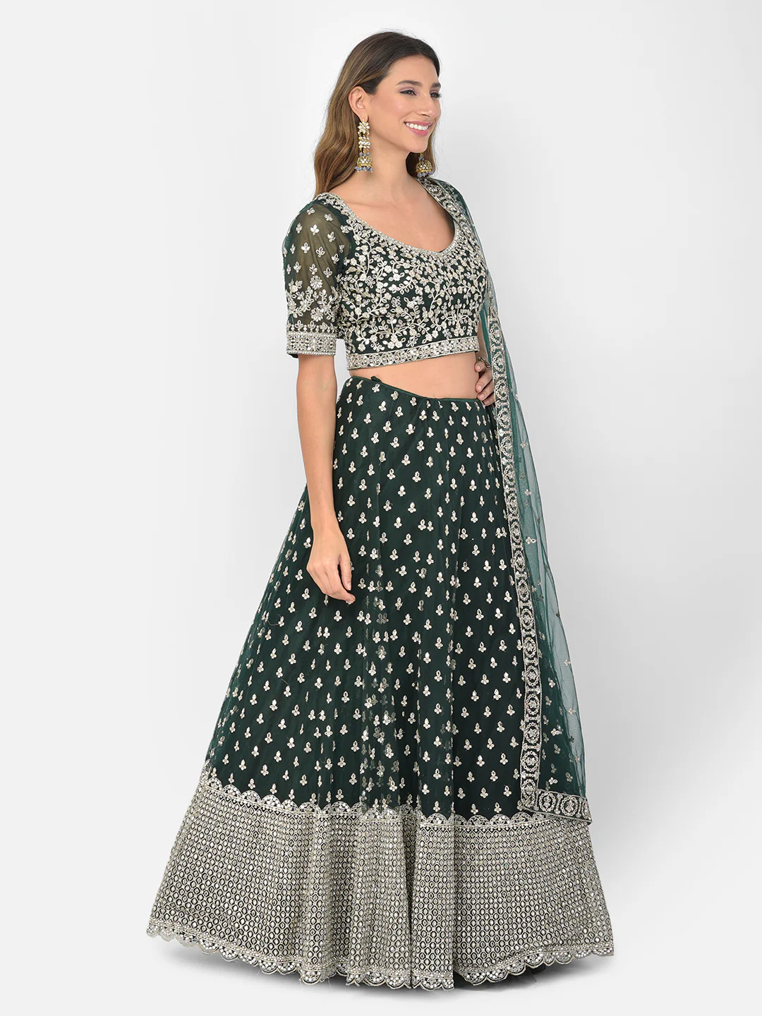 Neerus Bottle Green Color Nett Fabric Lehenga Choli - Image 3