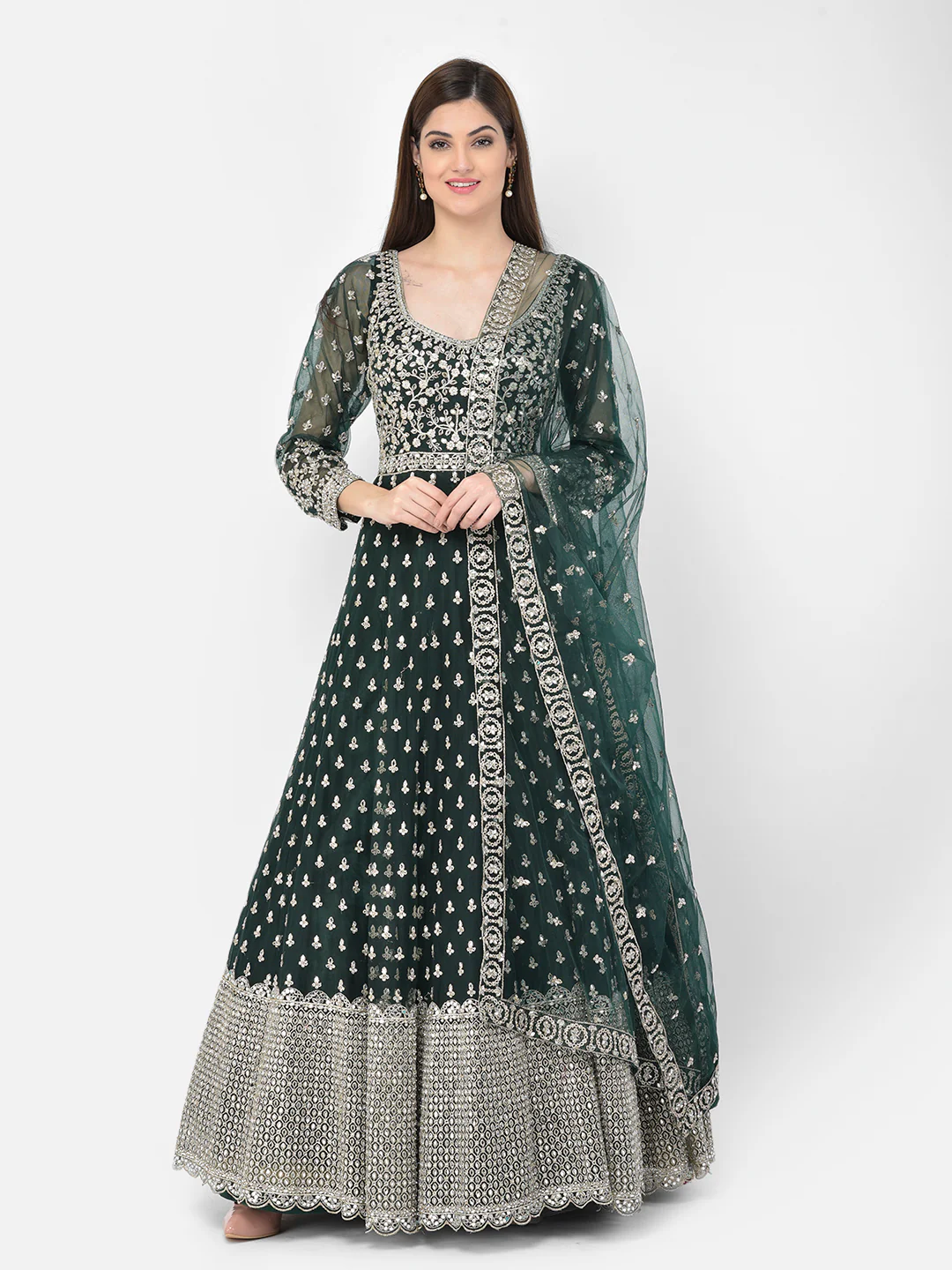 Neerus Bottle Green Color Nett Fabric Suit-Anarkali - Image 5