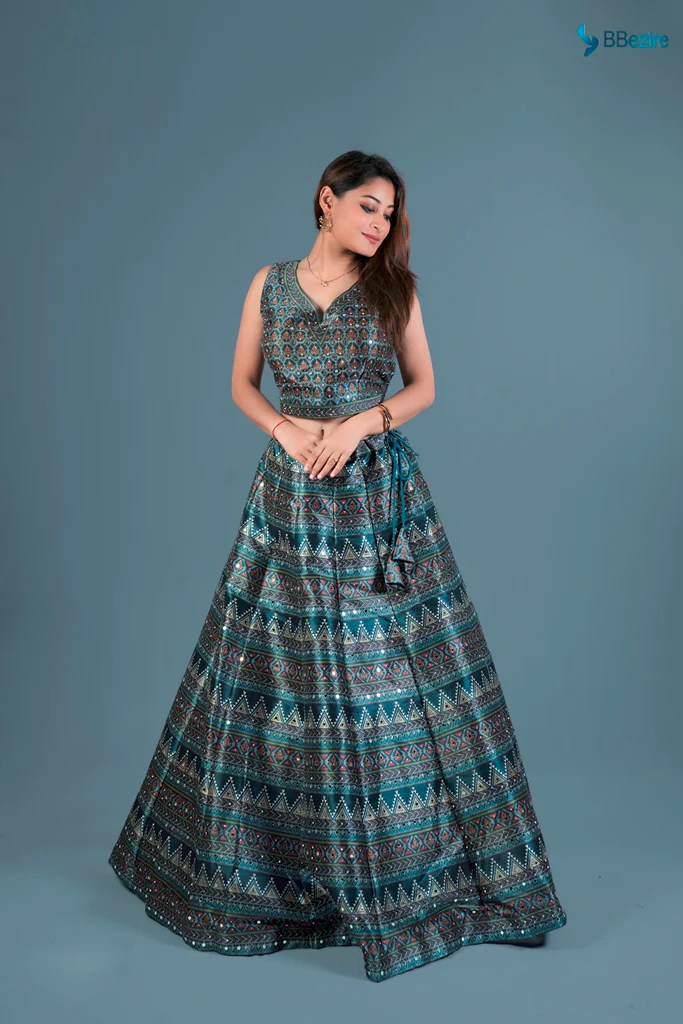 Neerus Bottle Green Color Printed Ghagra Set