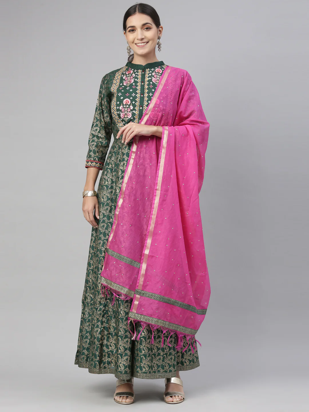 Neerus Bottle Green Color Silk Fabric Kurta Set