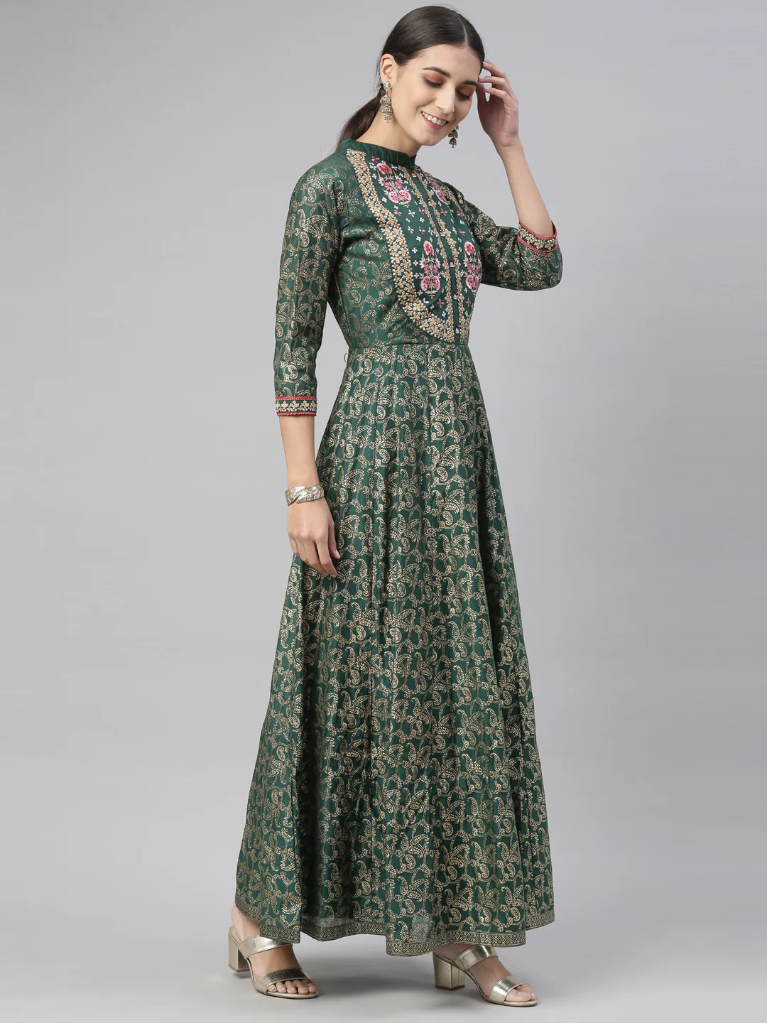 Neerus Bottle Green Color Silk Fabric Kurta Set - Image 8