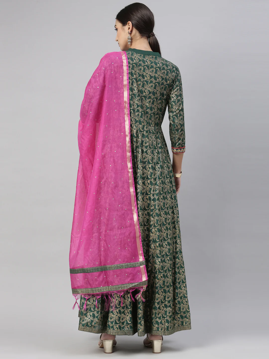 Neerus Bottle Green Color Silk Fabric Kurta Set - Image 9
