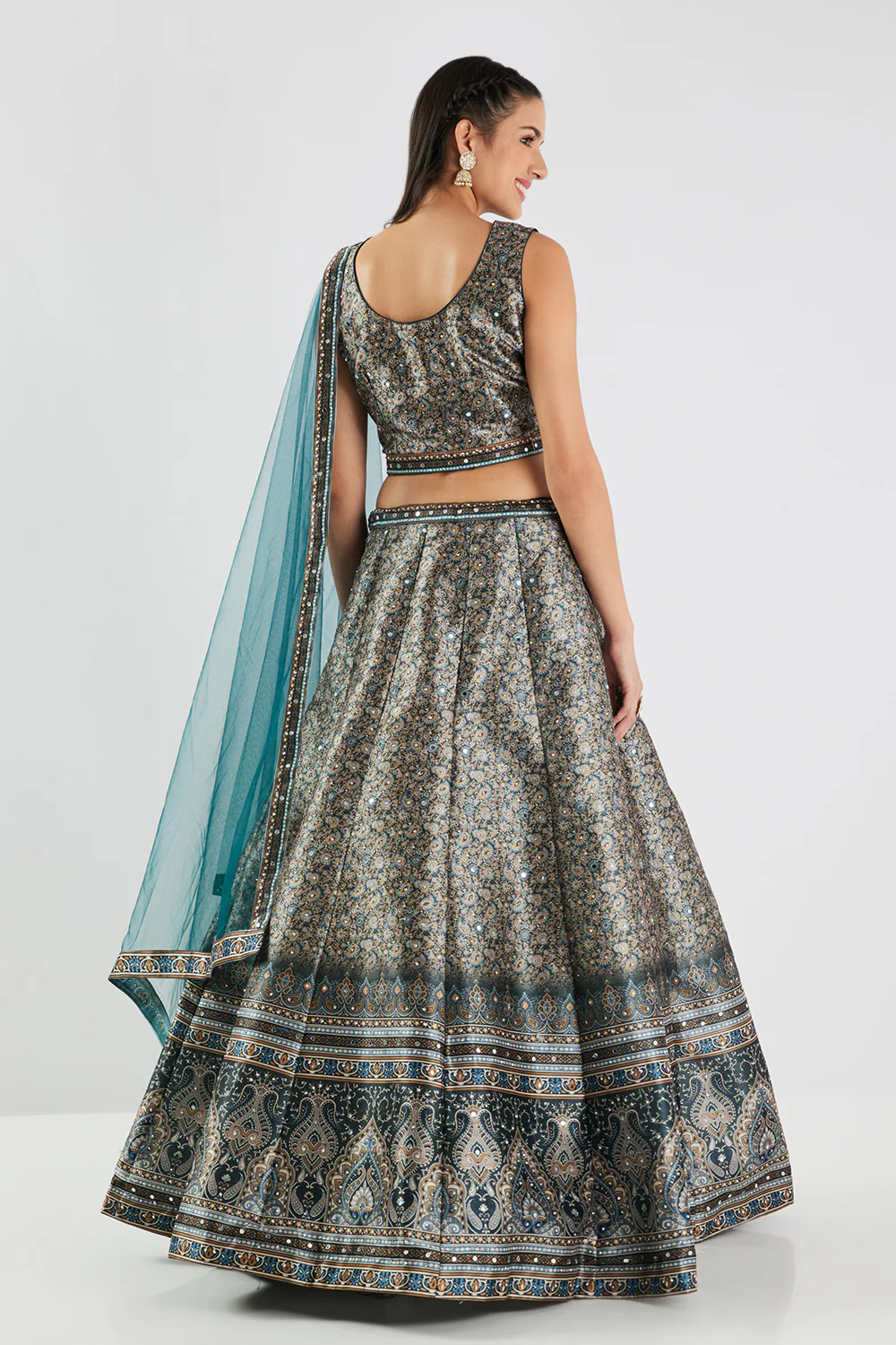 Neerus Bottle Green Printed Silk Fabric Ghagra Set - Image 4
