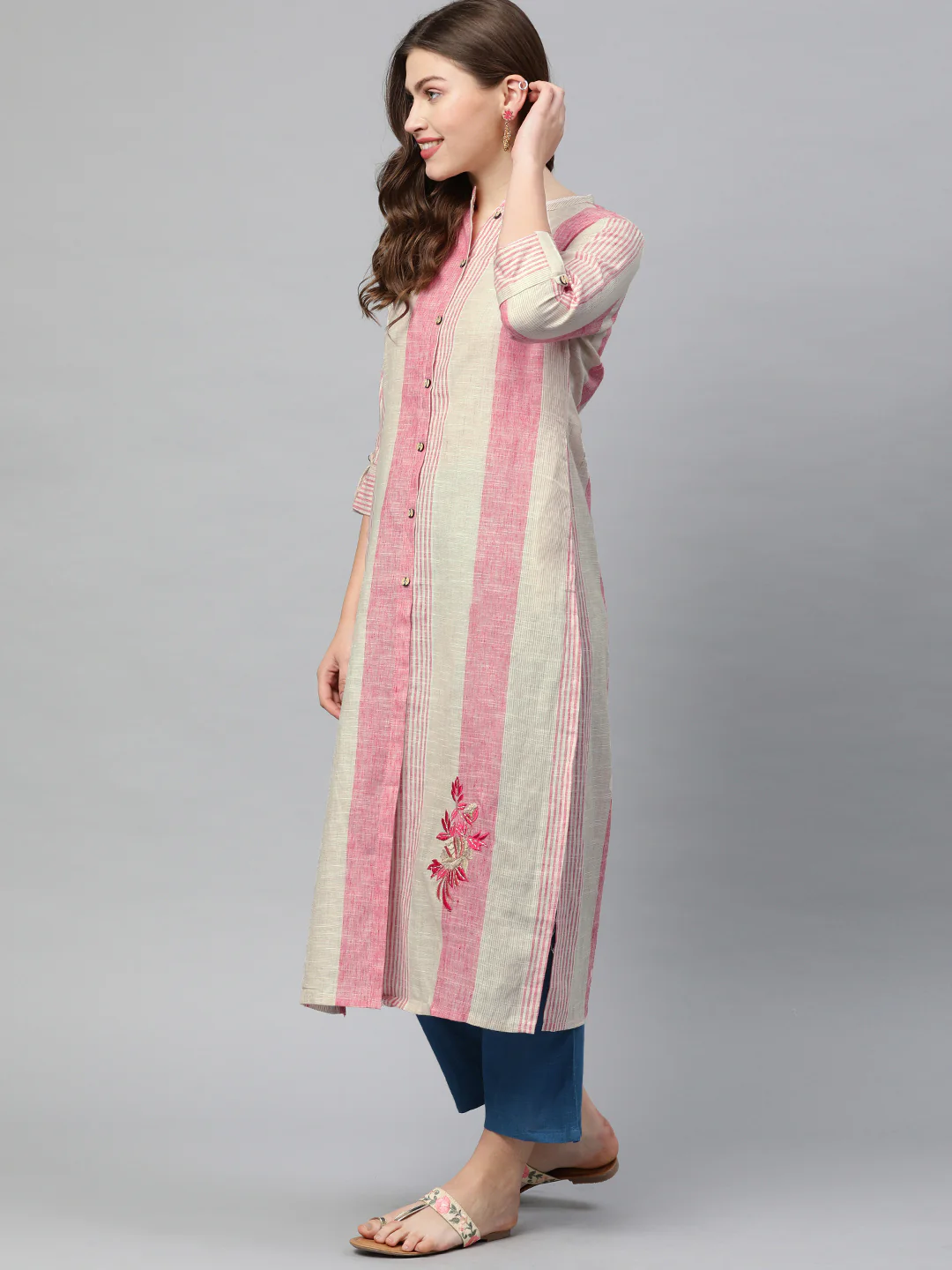 Neerus Brige & Pink Embroidered Straight Kurta - Image 3