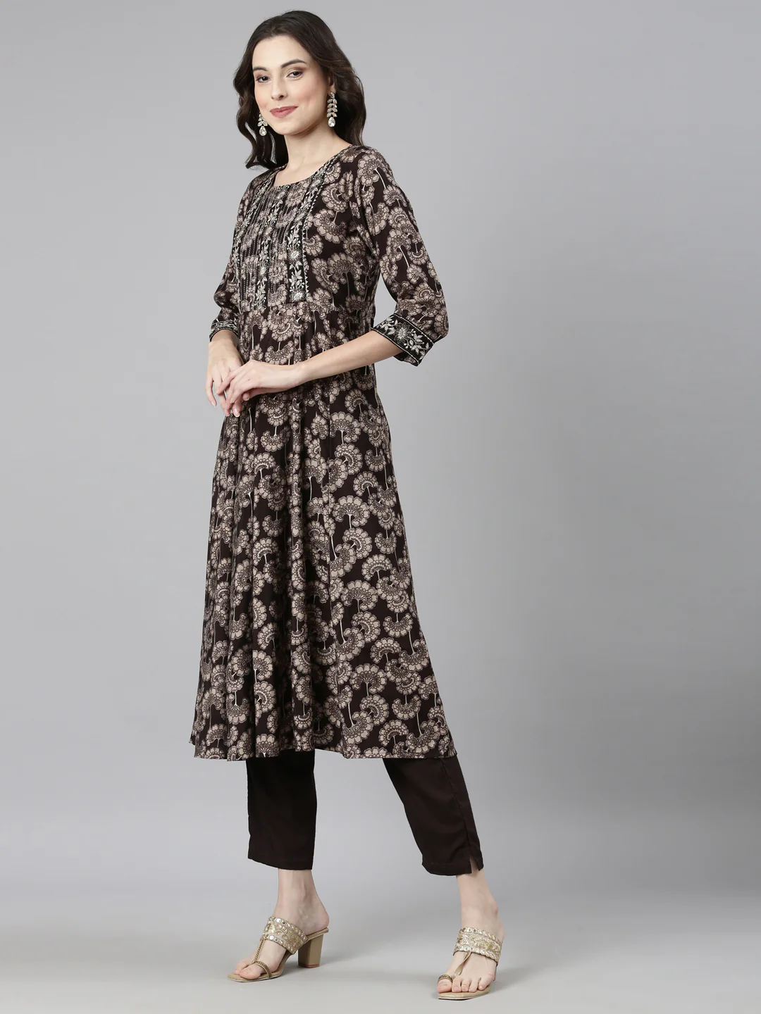 Neerus Brown Casual Floral Anarkali Kurta and Trousers With Dupatta - Image 2