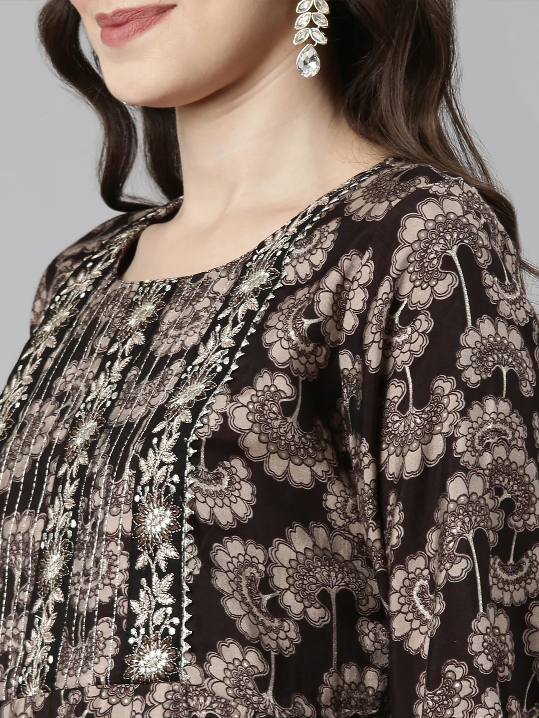 Neerus Brown Casual Floral Anarkali Kurta and Trousers With Dupatta - Image 5