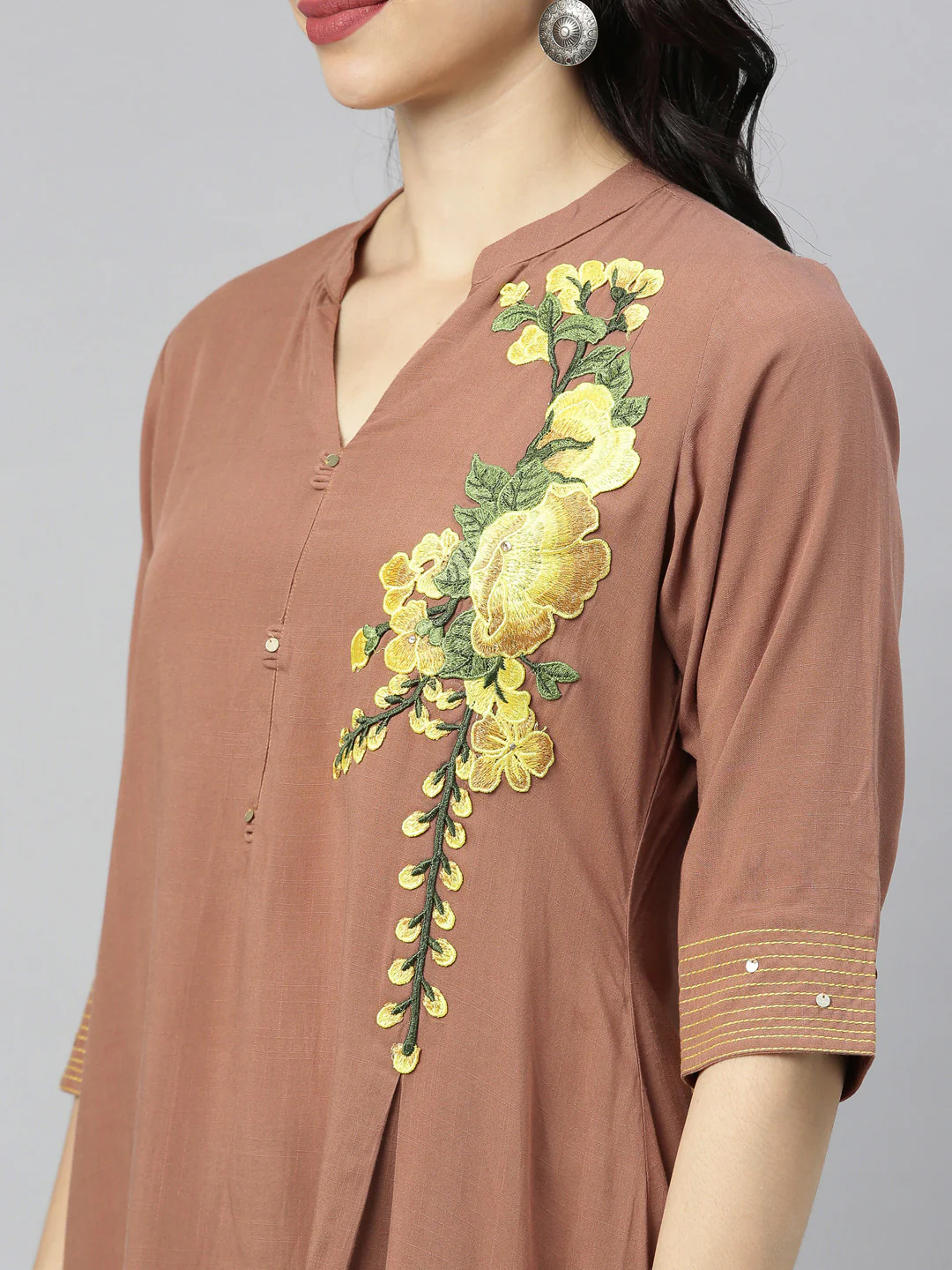 Neerus Brown Embroidered A Line Kurta - Image 2
