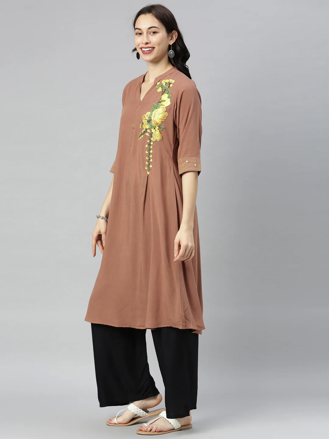 Neerus Brown Embroidered A Line Kurta - Image 5