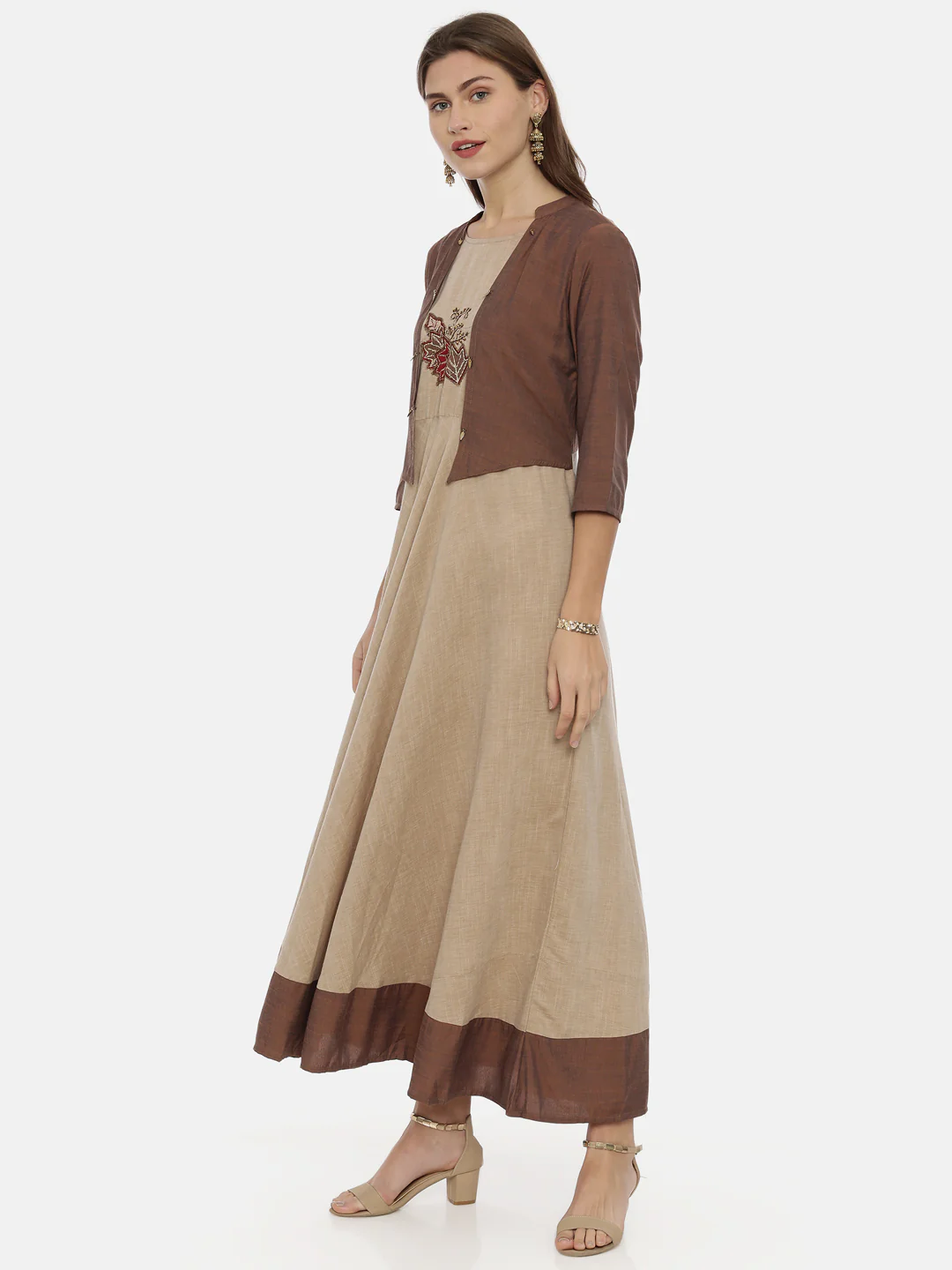 Neerus Brown Embroidered Anarkali Kurta - Image 3