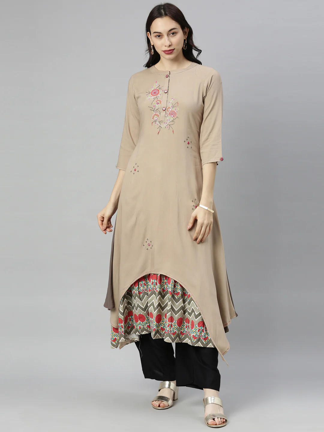 Neerus Brown Embroidered High Low Double Layered Kurta