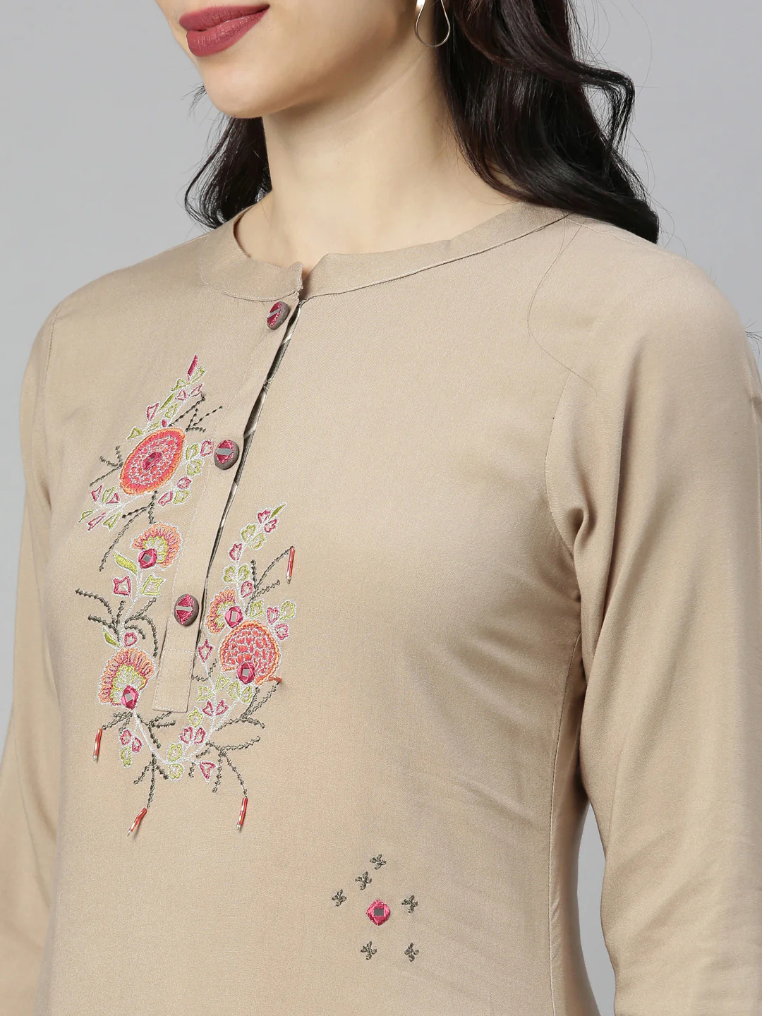 Neerus Brown Embroidered High Low Double Layered Kurta - Image 2