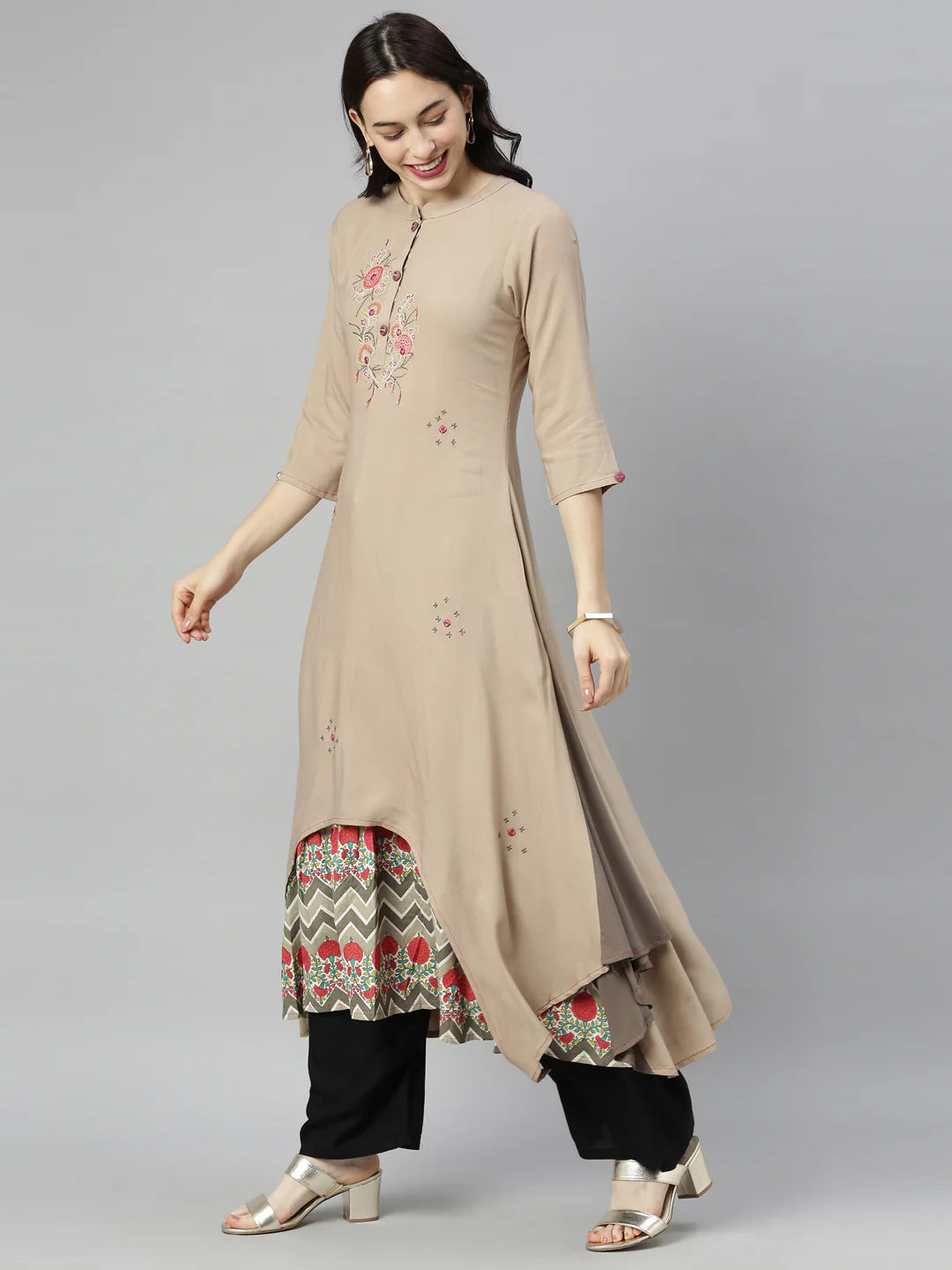 Neerus Brown Embroidered High Low Double Layered Kurta - Image 5