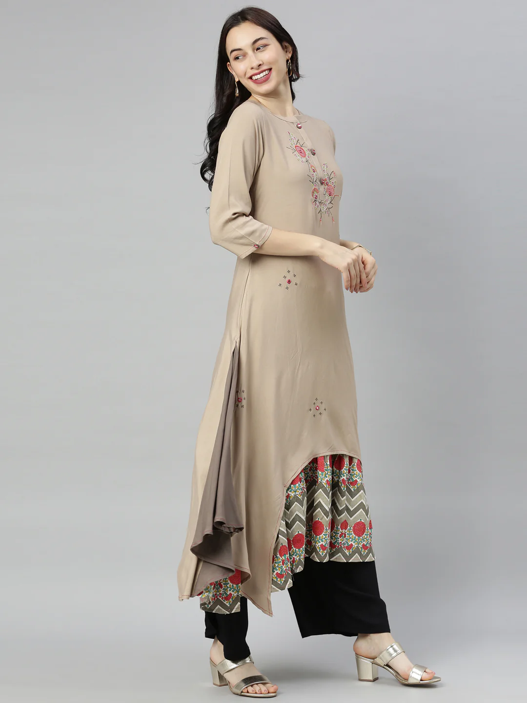 Neerus Brown Embroidered High Low Double Layered Kurta - Image 6
