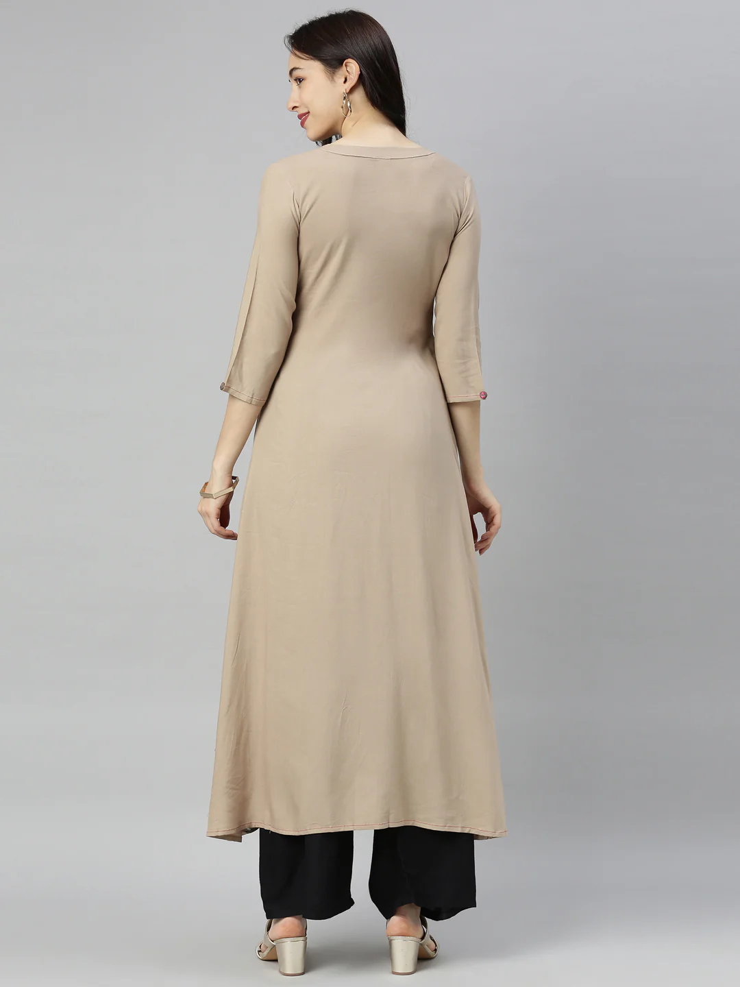 Neerus Brown Embroidered High Low Double Layered Kurta - Image 7